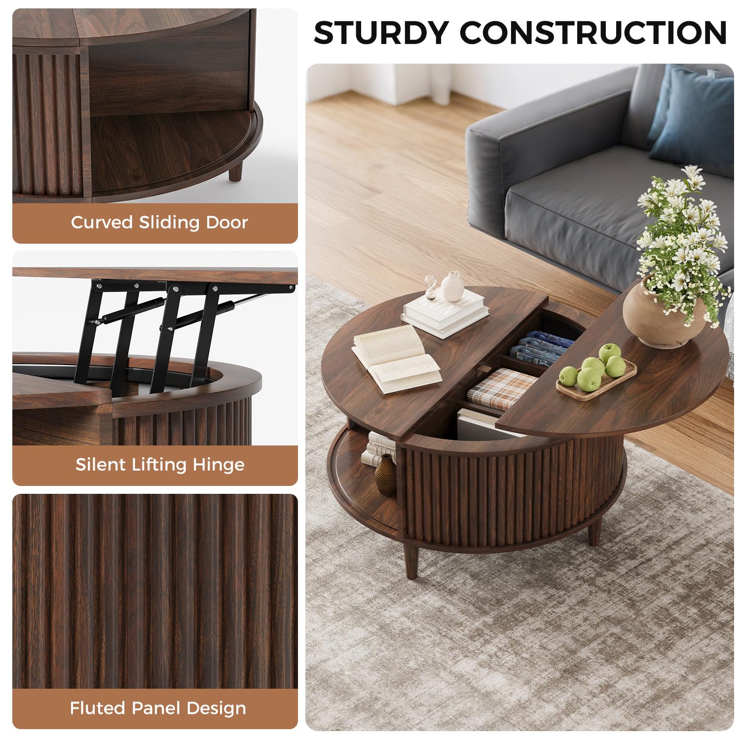Madaha Lift Top Coffee Table with Storage, Fluted Round Center Table with Sliding Cabinet Door, Small Circle Table for Living Room, Walnut