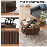 Madaha Lift Top Coffee Table with Storage, Fluted Round Center Table with Sliding Cabinet Door, Small Circle Table for Living Room, Walnut