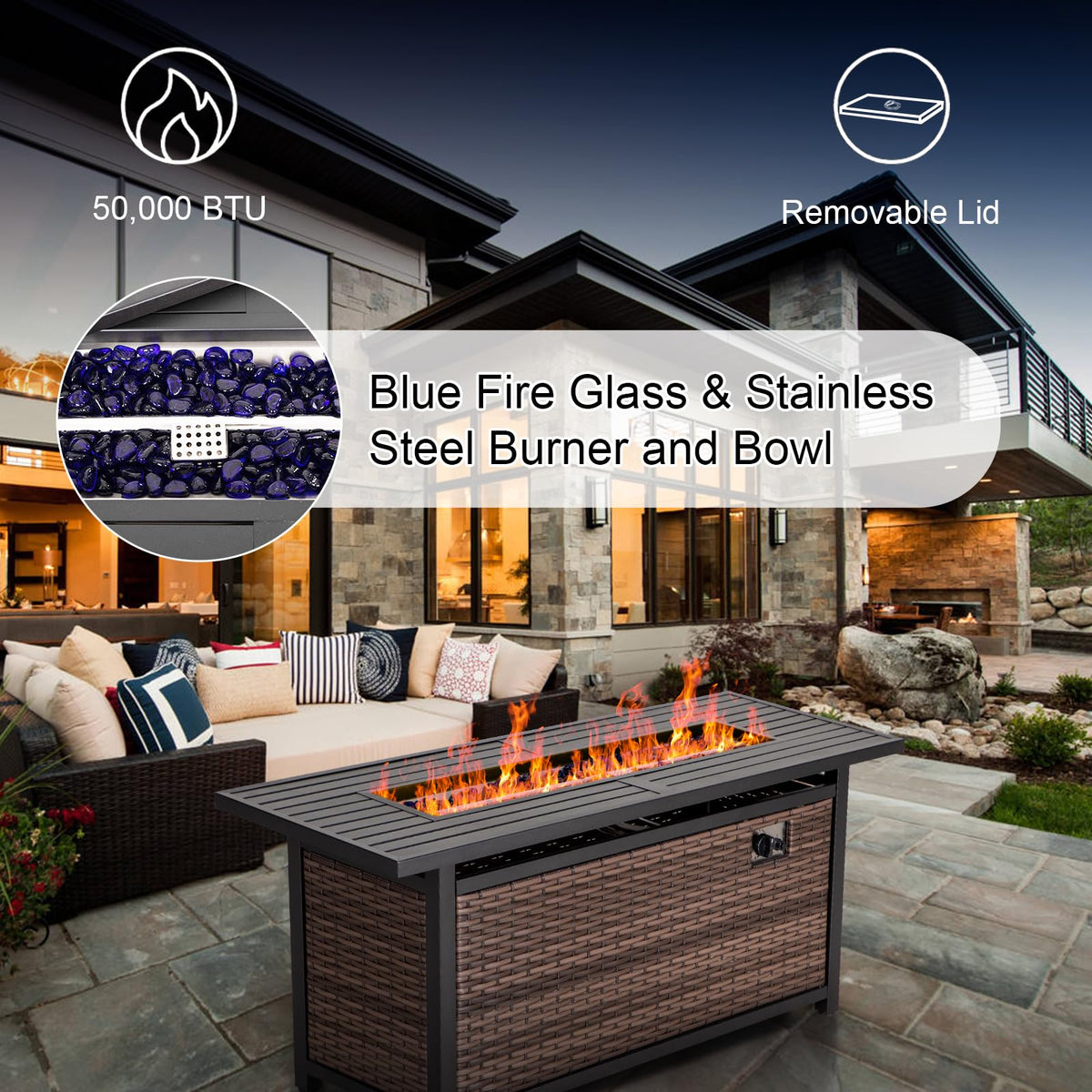 Sophia & William 56 Inch Gas Fire Pit Table,Rectangular Propane Fireplace