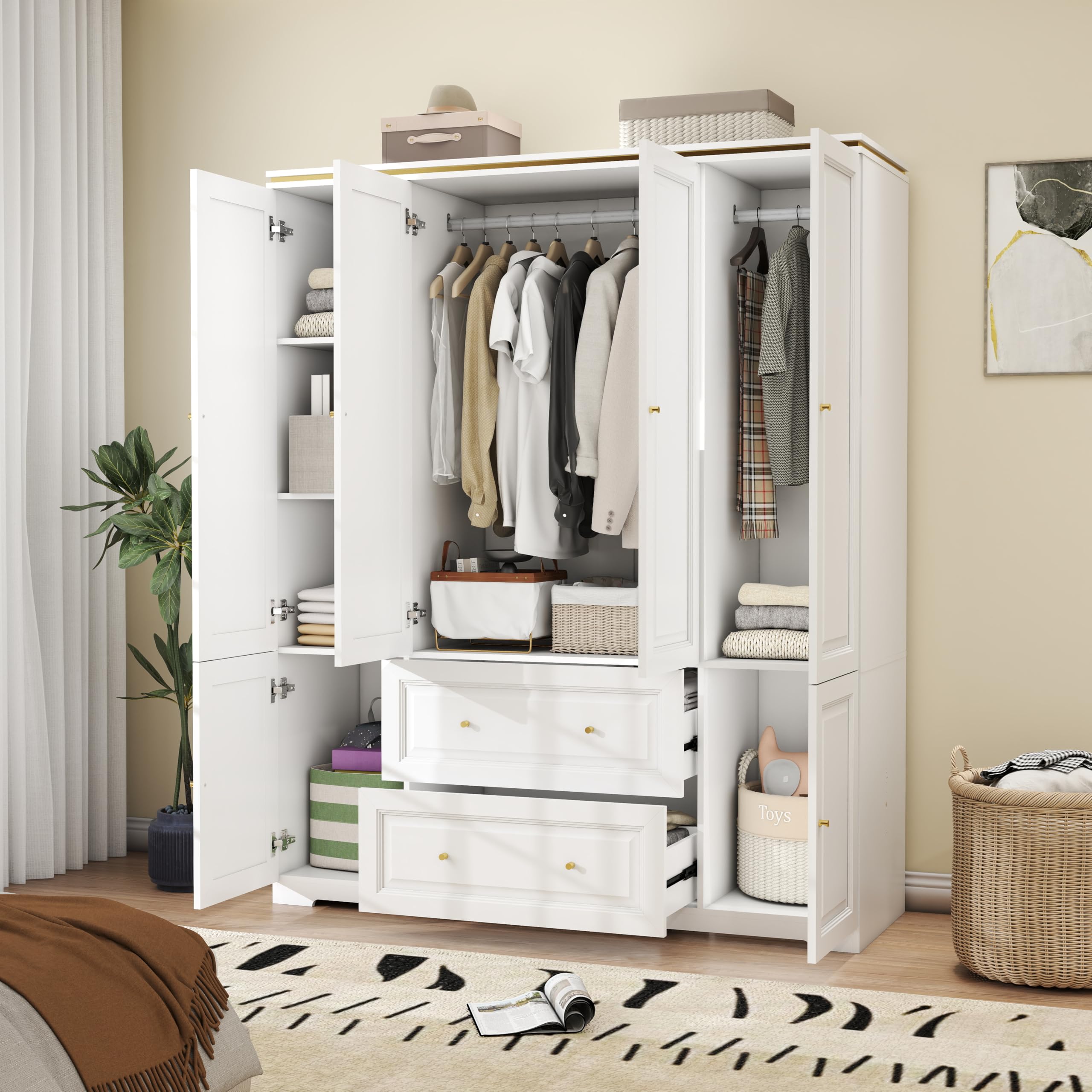 LABROSKIA White Wardrobe with 2 Drawers: 74" Large Wardrobe Closet for Hanging Clothes, Tall Armoire Closet with 4 Doors, Bedroom Armoires with Hanging Rod (59")