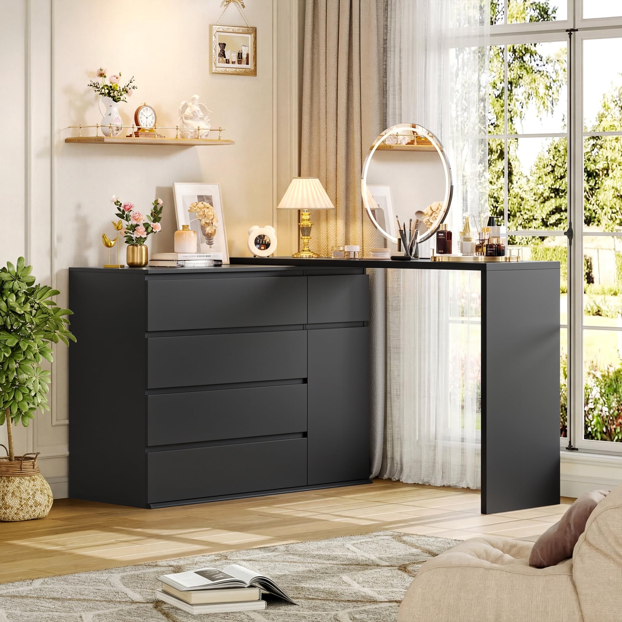 FOTOSOK 5 Drawer Dresser, Black Dresser for TV Stand, Double Wide Storage Chest of Drawers with Door, Deep Drawers and Wide Storage Space