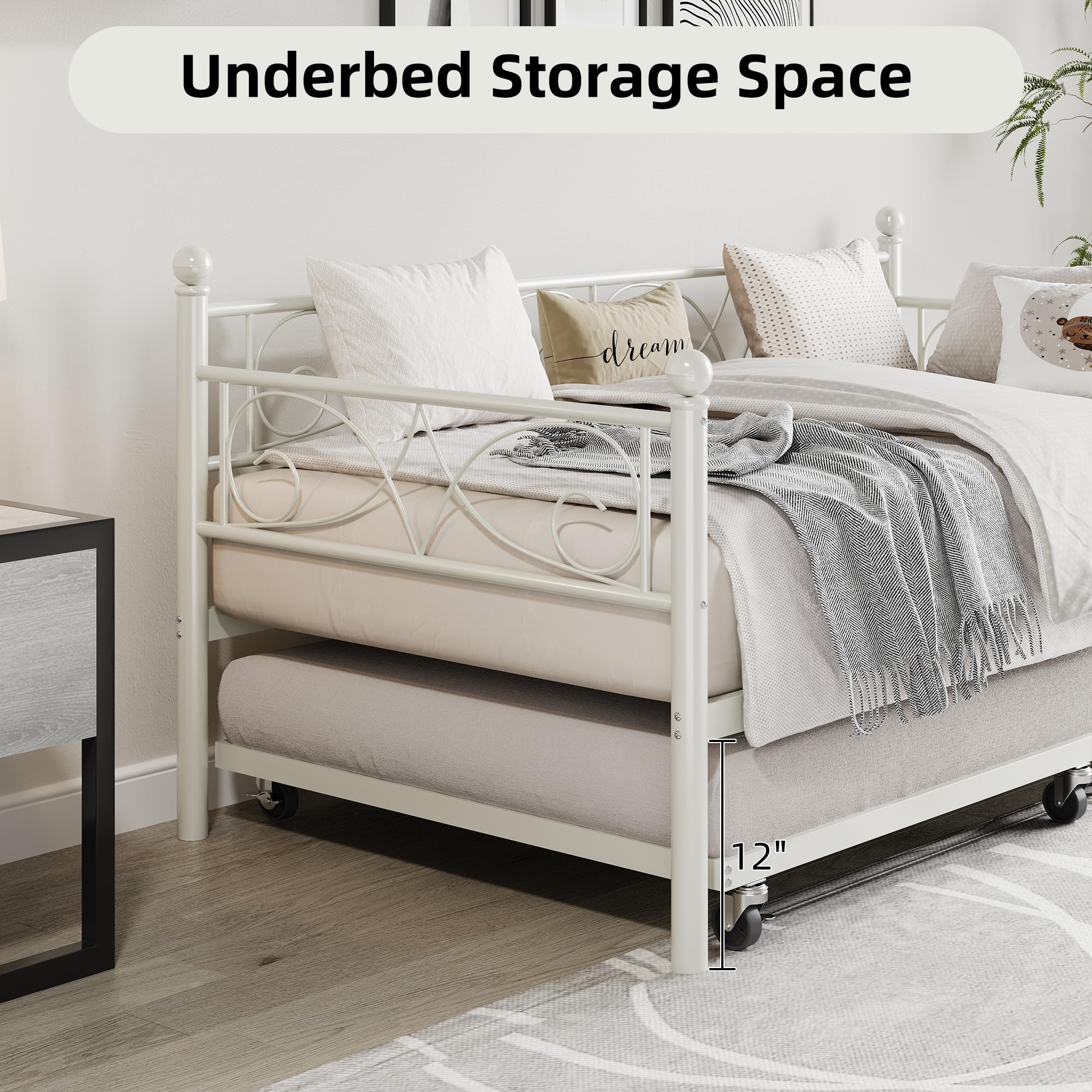 IDEALHOUSE Twin Daybed with Trundle, Metal Trundle Bed, Sofa Bed Frame, Heavy Duty Metal Slats, for Living Room, Bedroom, Guest Room, Space Saving, Modern White