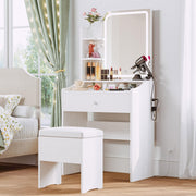 LIKIMIO Small Vanity Desk with Mirror Lights and Storage Stool