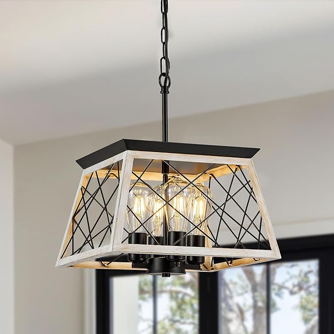 Rustic Drum Chandelier – Wood & Black Metal
