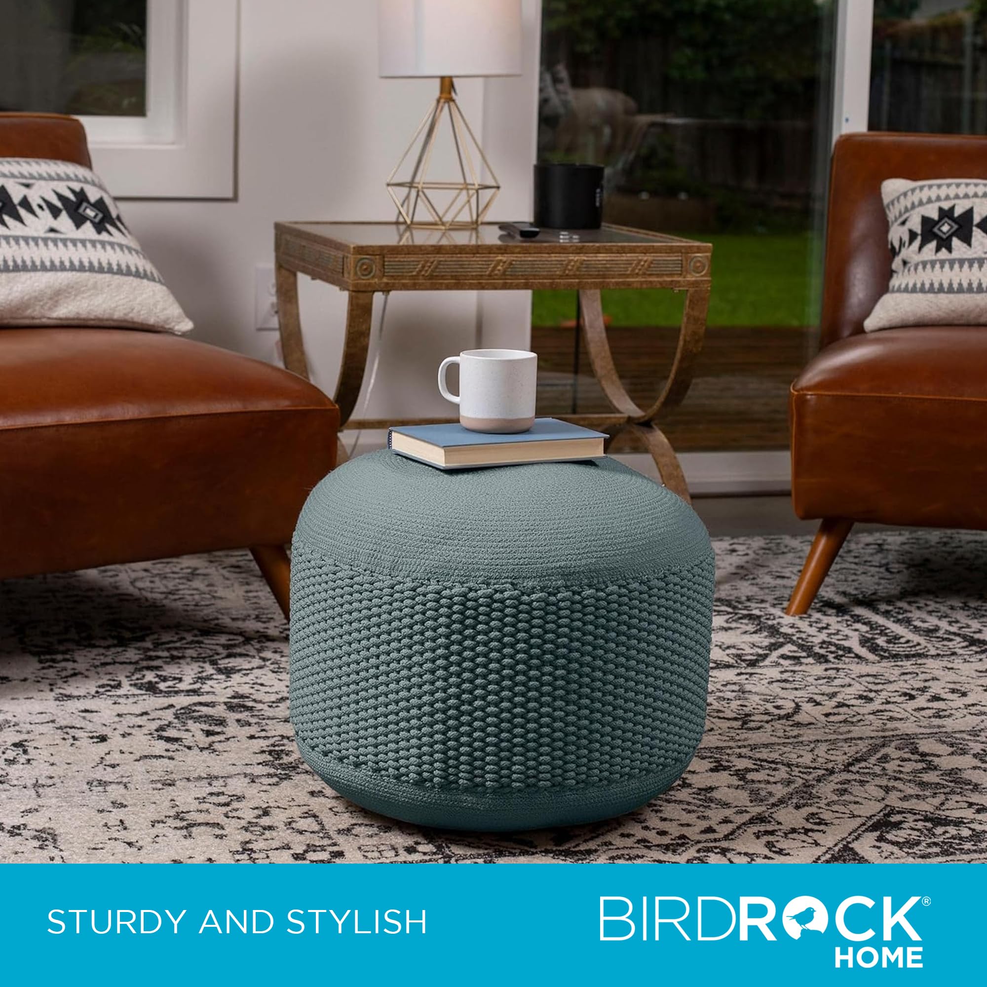 BIRDROCK HOME Outdoor Pouf Ottoman - Mist - Woven Indoor or Backyard Patio Use - Floor Footstool for Living Room- Knit Bean Bag - Oversized Padded Chair - Moroccan Foot Rest