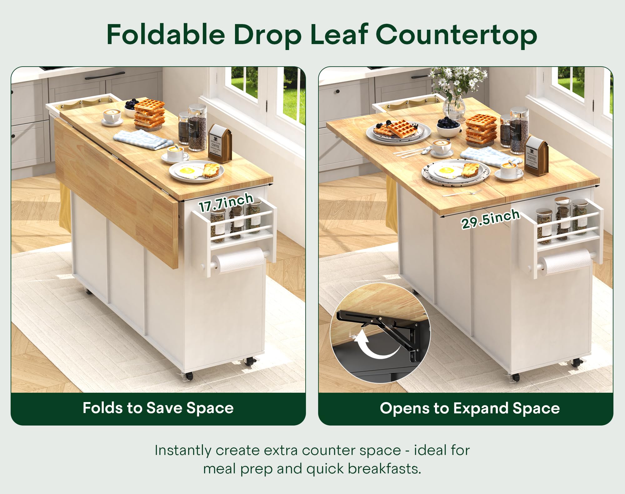 Linkriseed 43.3" x 29.5" Kitchen Island with Drop Leaf, Rolling Kitchen Island on Wheels with Removable Trash Bag, Kitchen Island Cart with Storage Cabinet, Drawers & Spice Rack, White