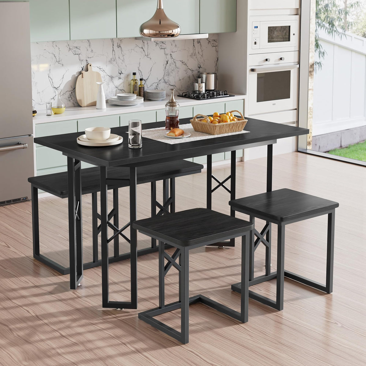 VECELO 43.3" Dining Table Set for 4, Space-Saving Kitchen Table with 1 Bench and 2 Stools, Tuck-Away Seating, Rustic Farmhouse Style, Adjustable Foot Pads, Black
