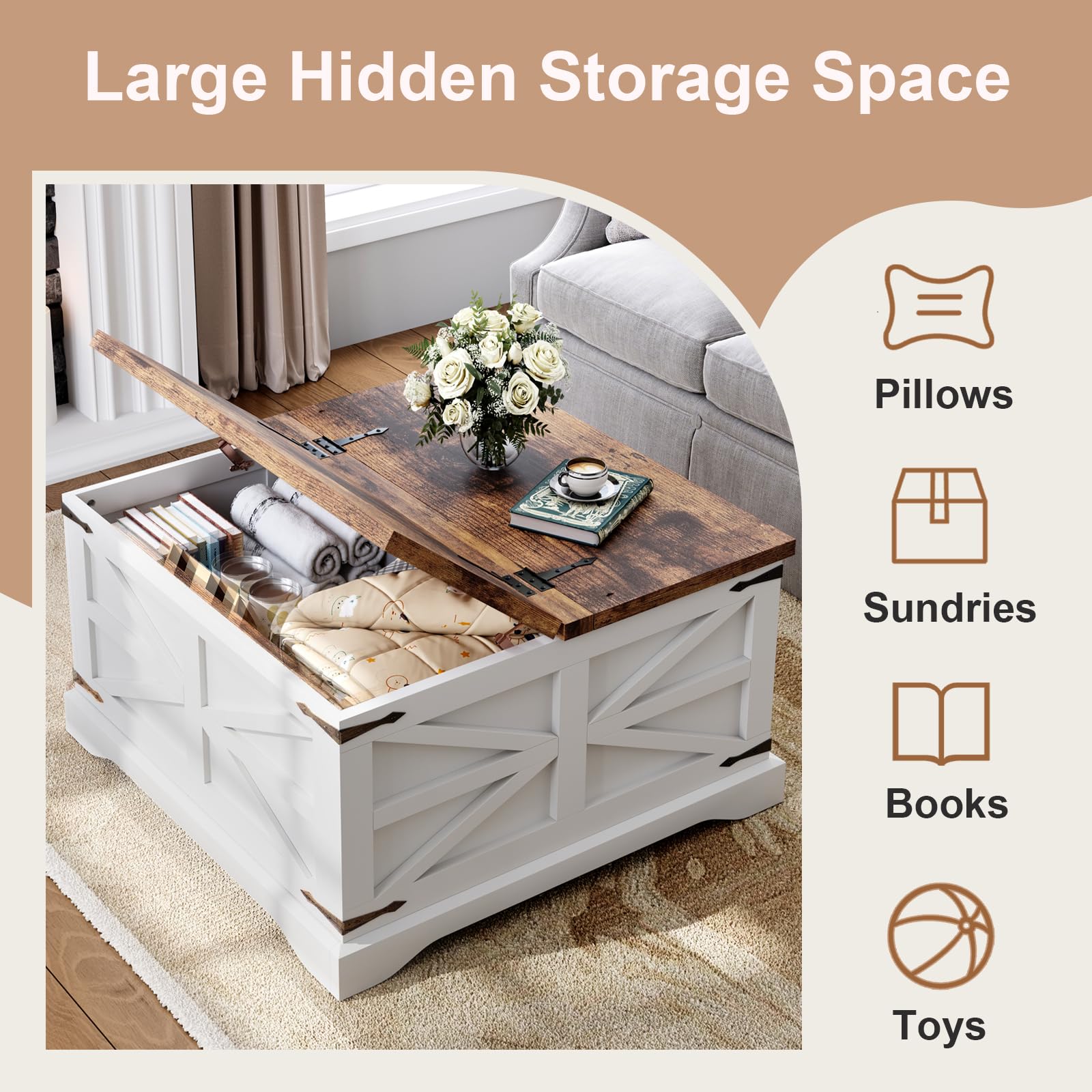 MXV Farmhouse Coffee Table with Storage, Square Coffee Tables for Living Room, Rustic Wood Center Table with Hinged Lifting Tabletop for Home, White