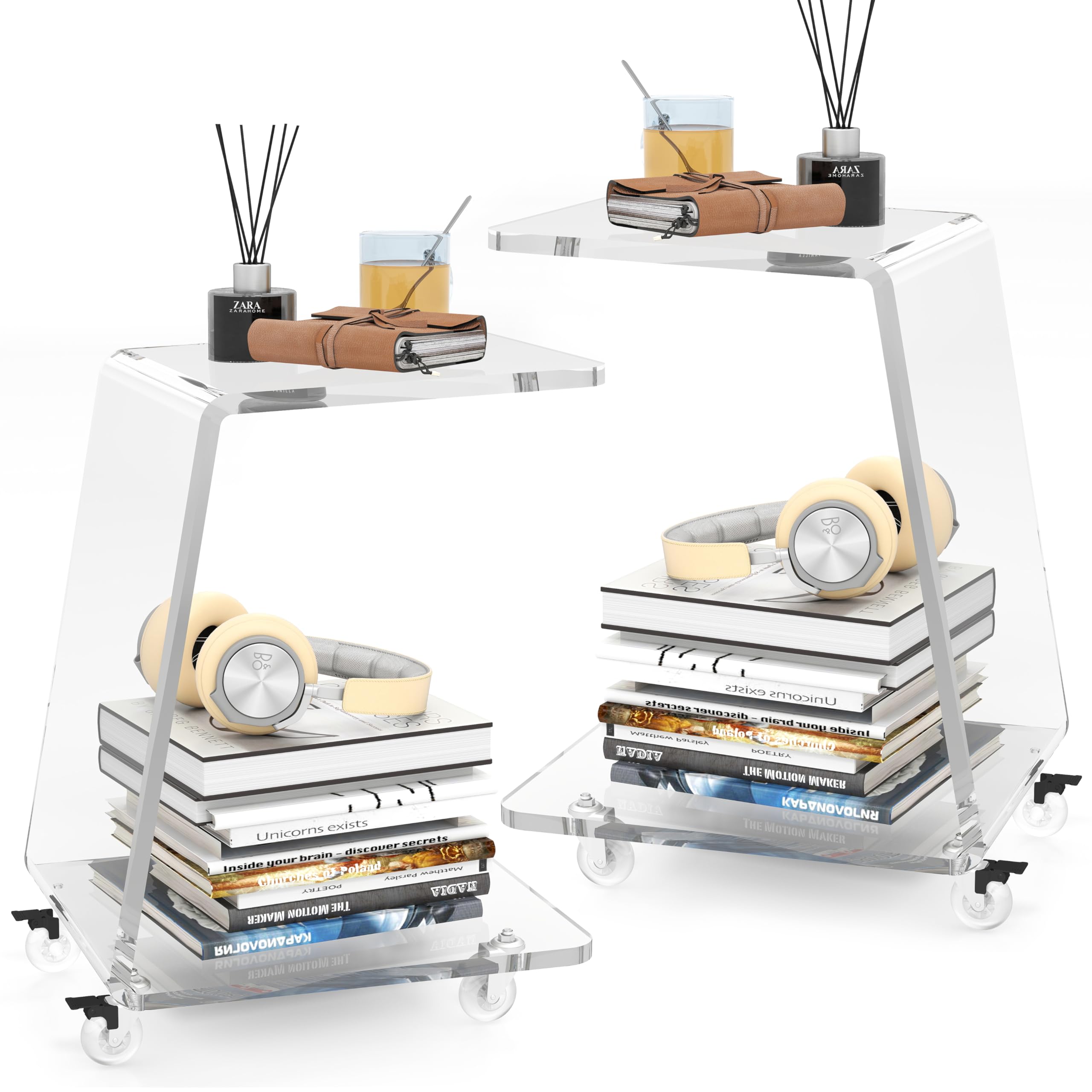 Modern Acrylic Side Tables Set of 2, 15mm Thick Clear Lucite End Tables with Wheels for Living Room & Bedroom, Luxury C-Shaped Rolling Sofa Tables, Heavy Duty Contemporary Furniture