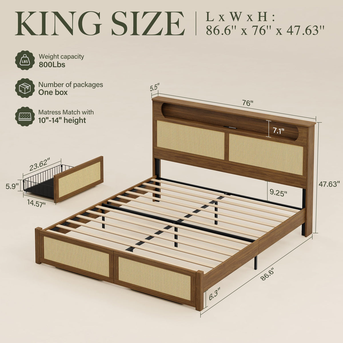 Belffin King Size Rattan Bed Frame with 2 Storage Drawers, Wood Bed, Brown