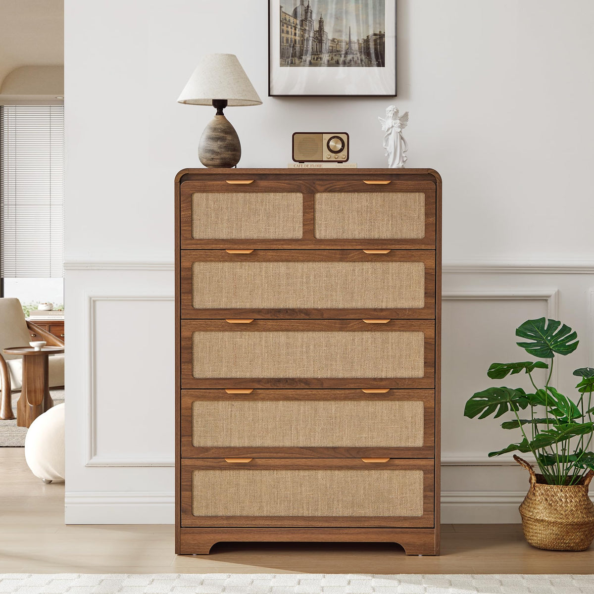 RUSTYER 43" Tall 5 Drawer Dresser for Bedroom, Modern Wood Dresser, Walnut