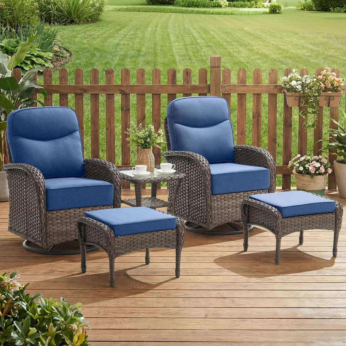 ACTREST Outdoor Ottomans Patio Footrest Set of 2 - High Back Comfortable Brown Wicker Rattan Steel Frame Footstool Additional Bench Side Table for Porch Balcony Deck Garden Poolside - Navy Blue