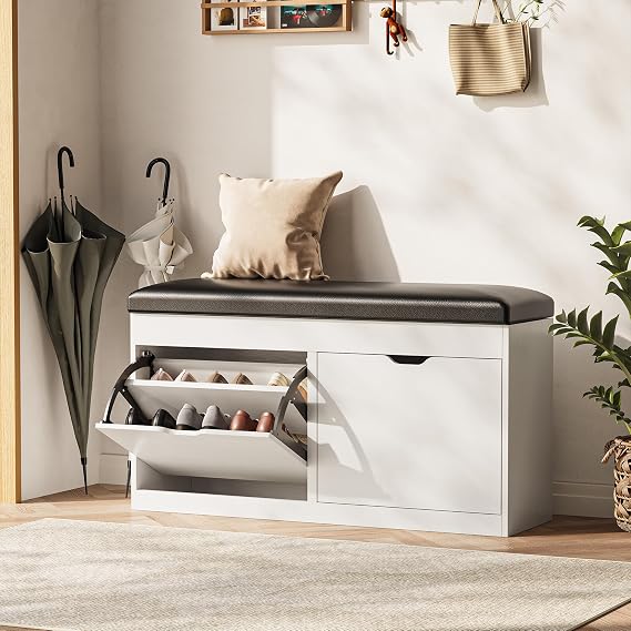 Entryway Shoe Storage Bench with Flip Drawers & Padded Seat