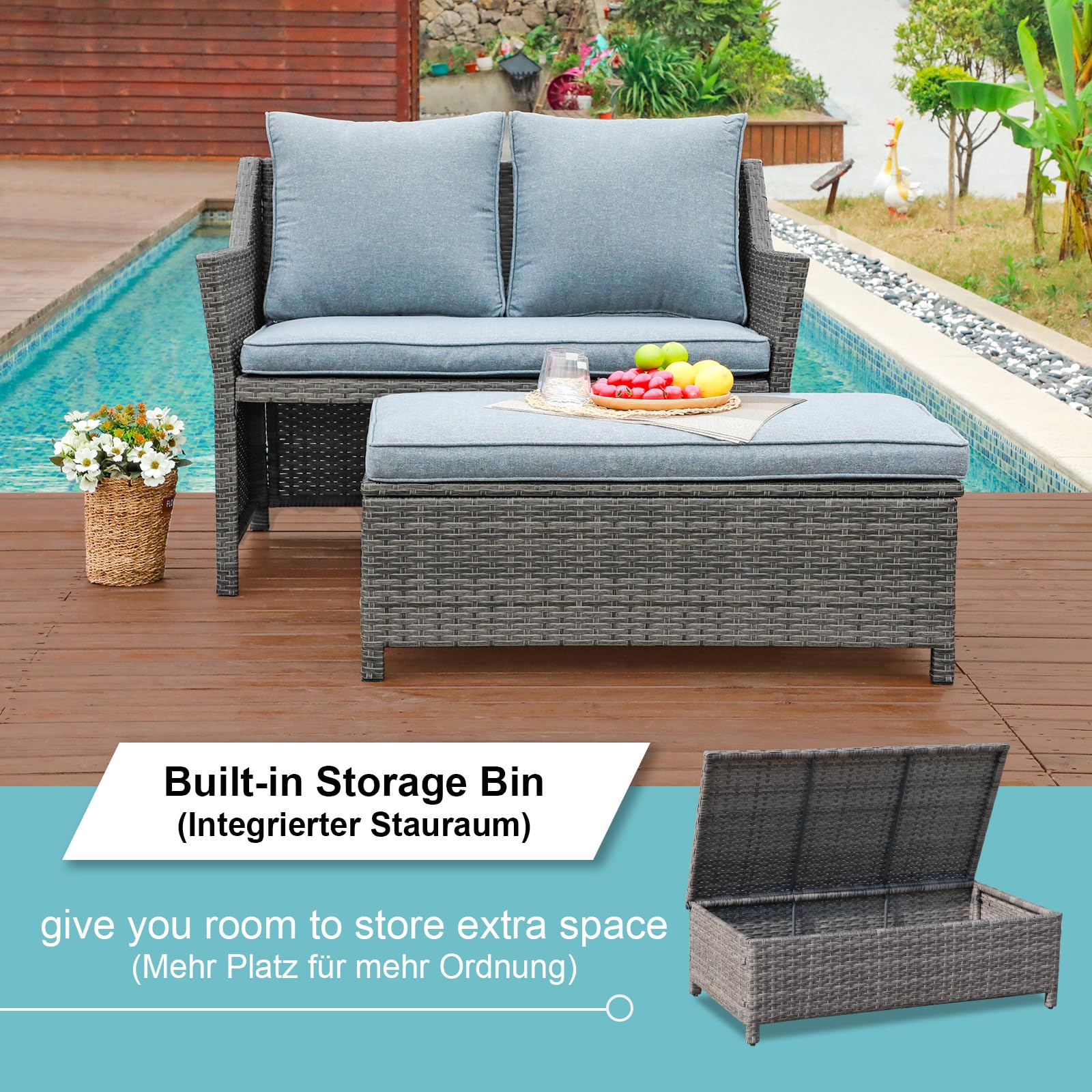 2-Piece Outdoor Wicker Loveseat & Coffee Table Set with Storage