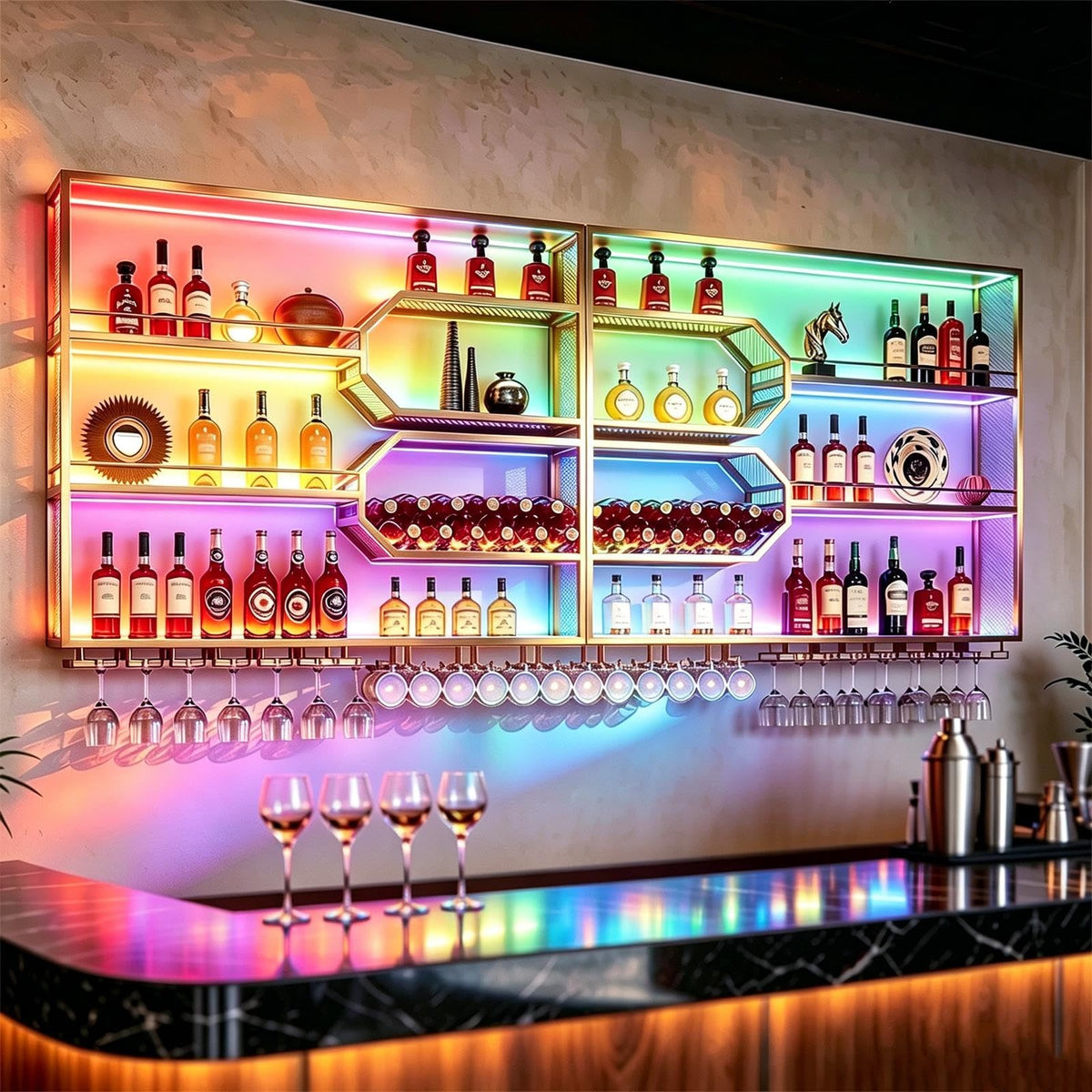 79" Wall Mounted Wine Rack with 24-Color RGB LED & Glass Holder,Metal