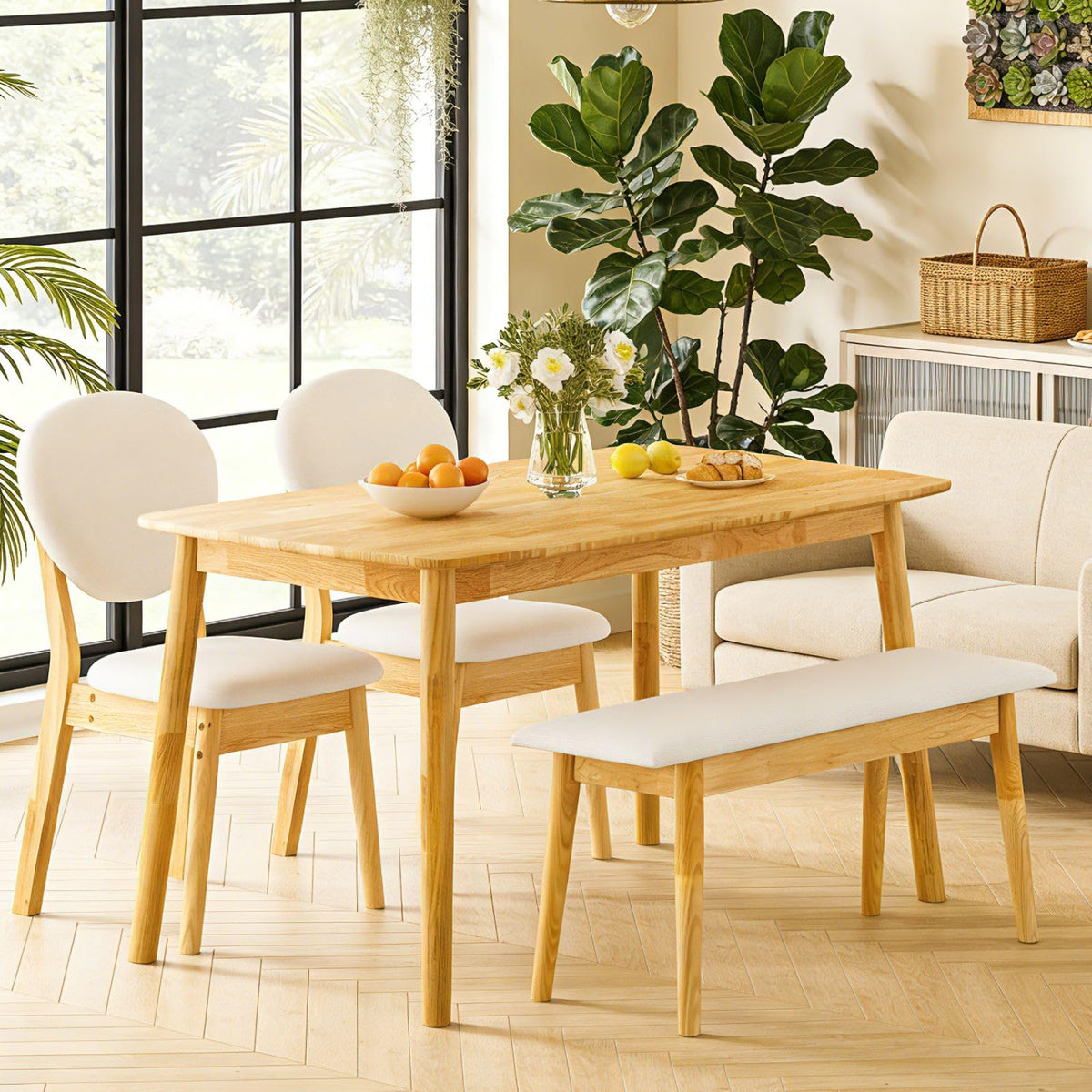 Karl home 4-Piece Farmhouse Dining Set, w/Bench&Chairs,Solidwood, Nature