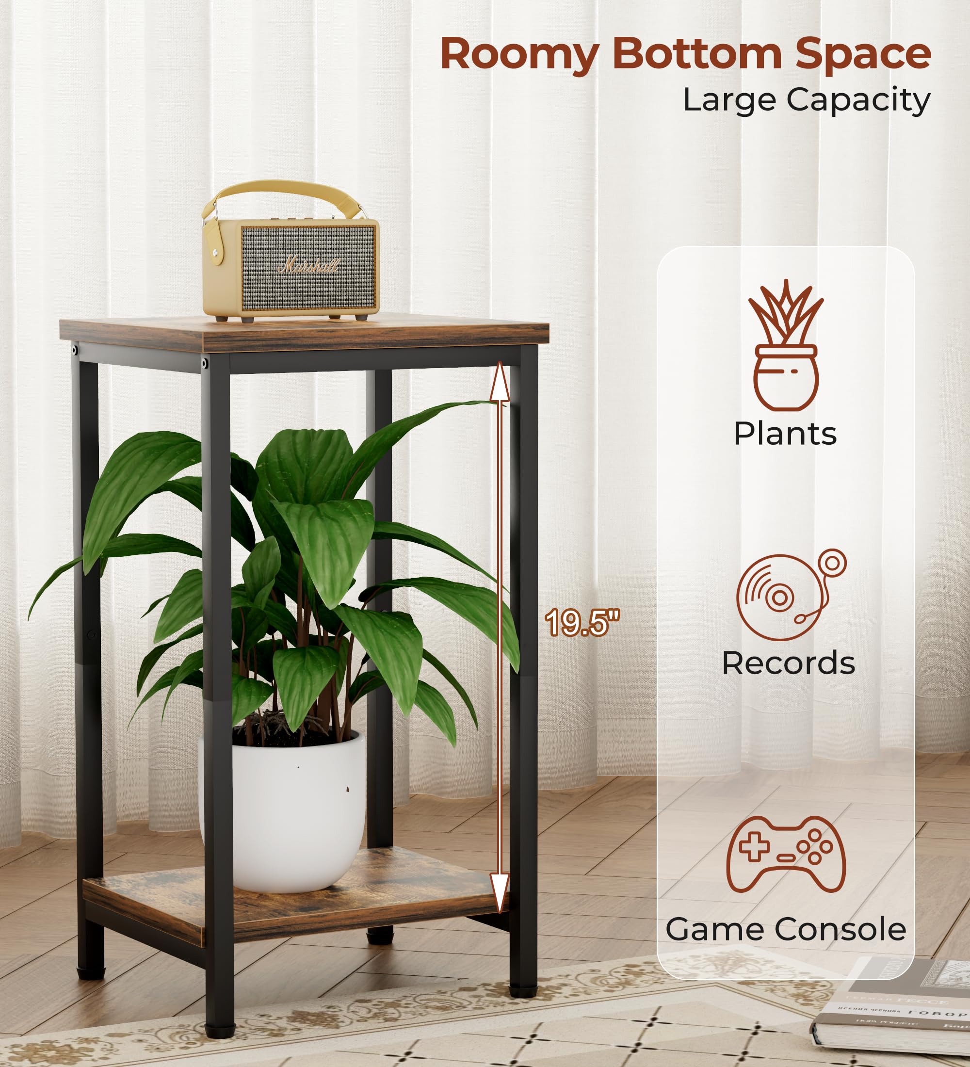 KEETDY Small Side Table for Small Space End Tables for Living Room, 2-Tier Storage Shelf Night Stand, Sofa Bedroom Bedside Table Nightstand Storage, Rustic Brown