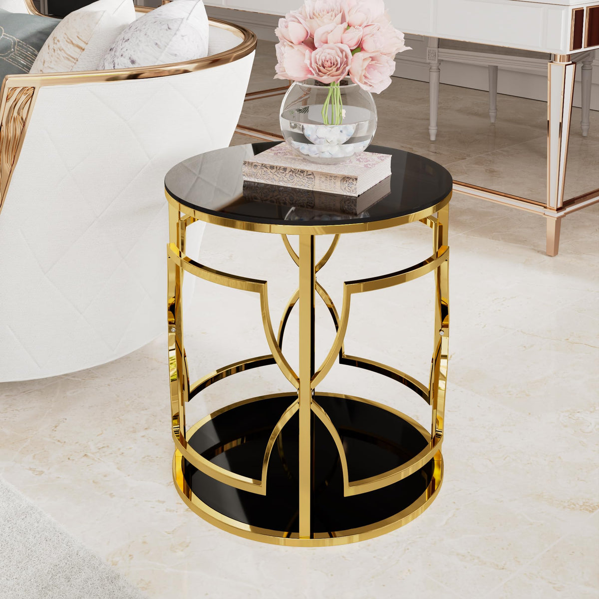 Glass Side Table with Gold Frame