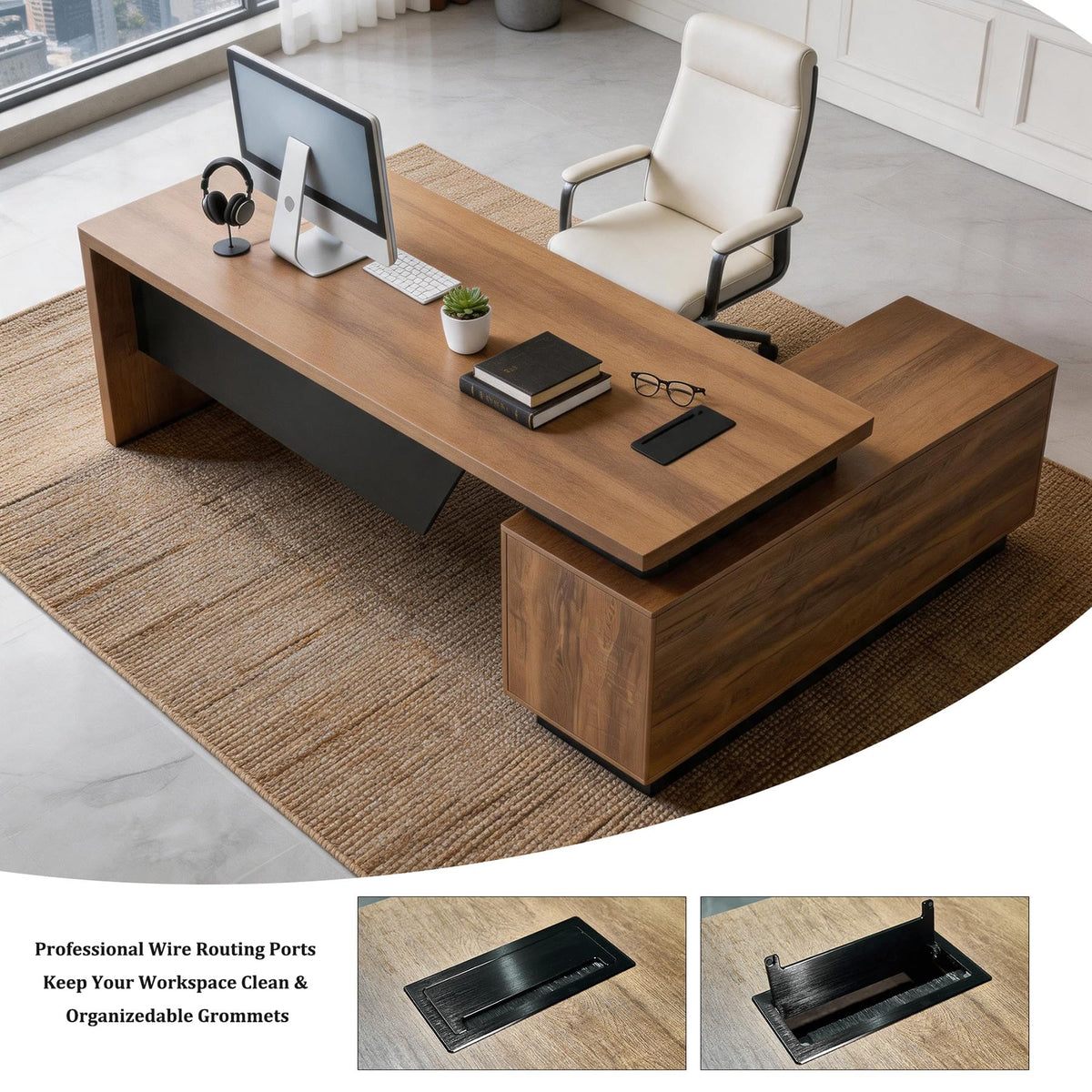 SAINTCY Retractable L-Shaped Executive Desk, Commercial-Grade Office Desk with Reversible Storage Cabinet, Built-in Power Hub, Modern Executive Desk for Home & Business Office