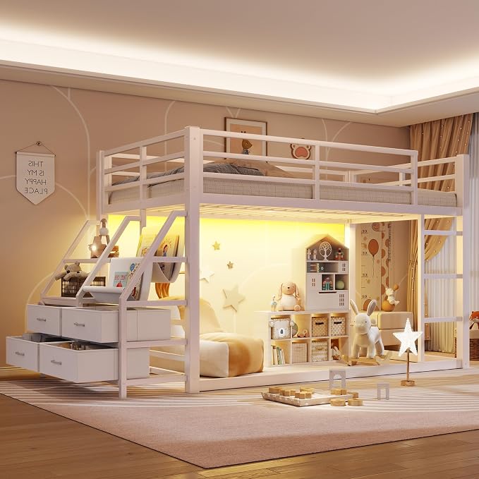 Twin Metal Bunk Bed with Storage & LED Lights