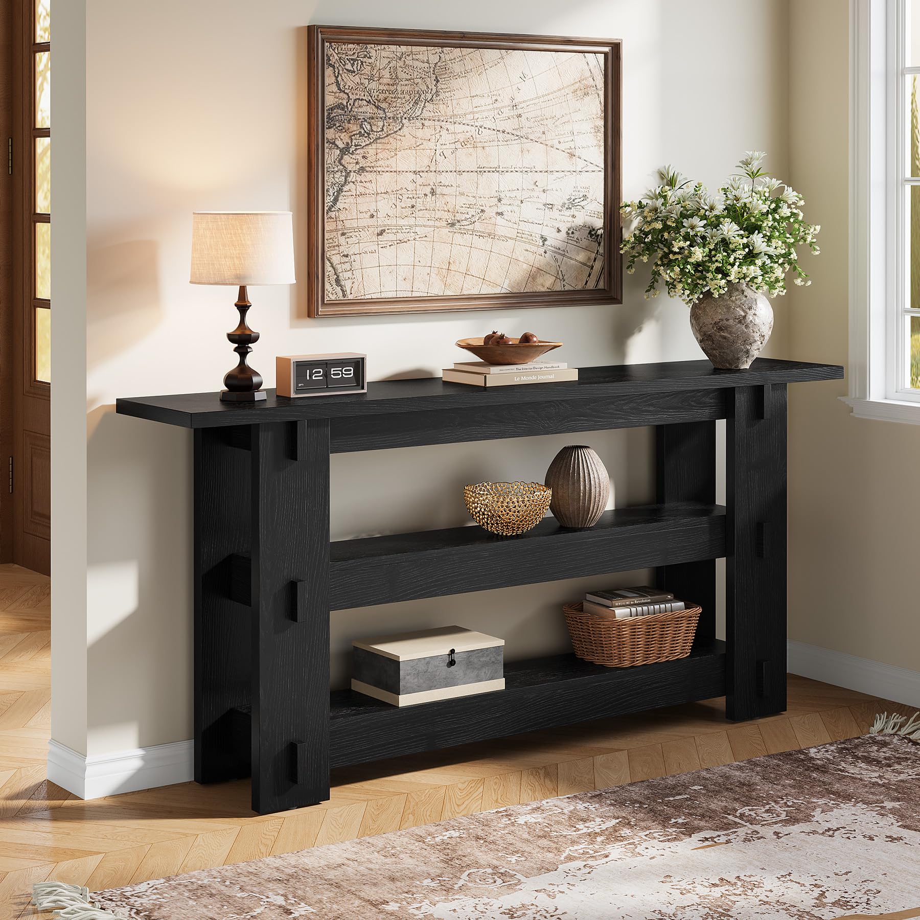 TRIBEWOOD 63-Inch Solid Wood Console Table, Farmhouse Sofa Table Behind Couch with Storage Shelves, Entryway Furniture for Living Room, Hallway, Foyer, Black