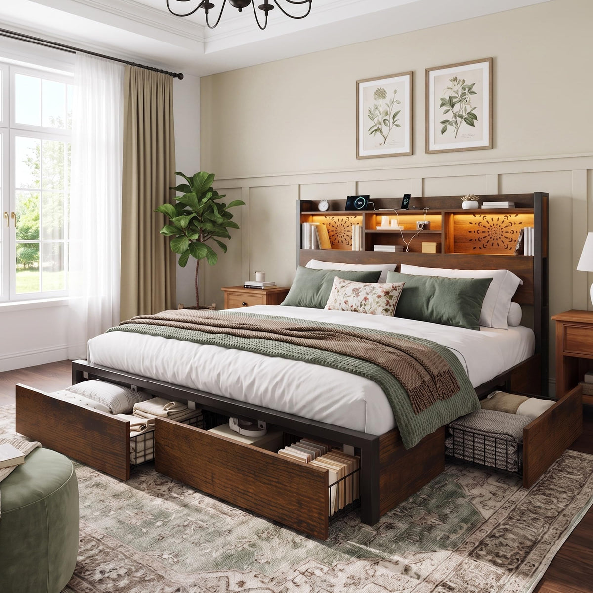 Belffin King Size Bed Frame with 6 Storage Drawers and Headboard, Brown