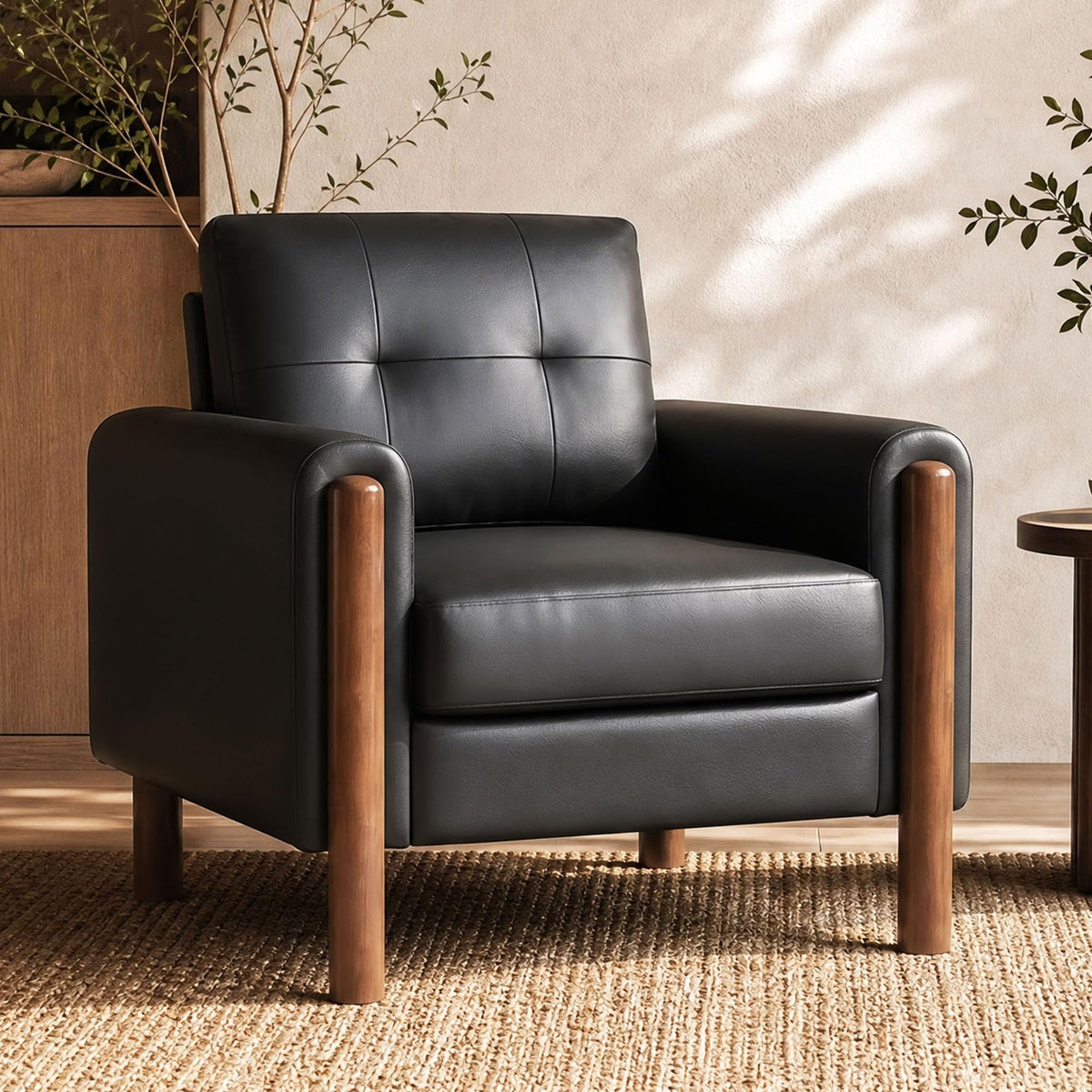 STHOUYN 35" Black Leather Oversized Accent Chair with Wood Armrests, Mid-Century Modern Tufted Living Room Chair, Comfy Reading Sofa Chair with Lumbar Support & Thick Cushion Waiting Room Office