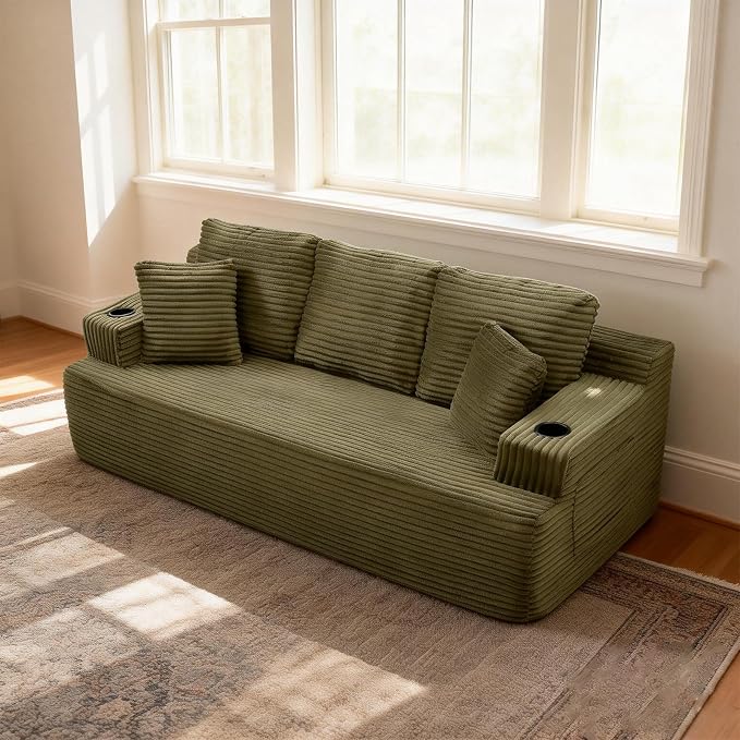 Corduroy Sofa with Cup Holders
