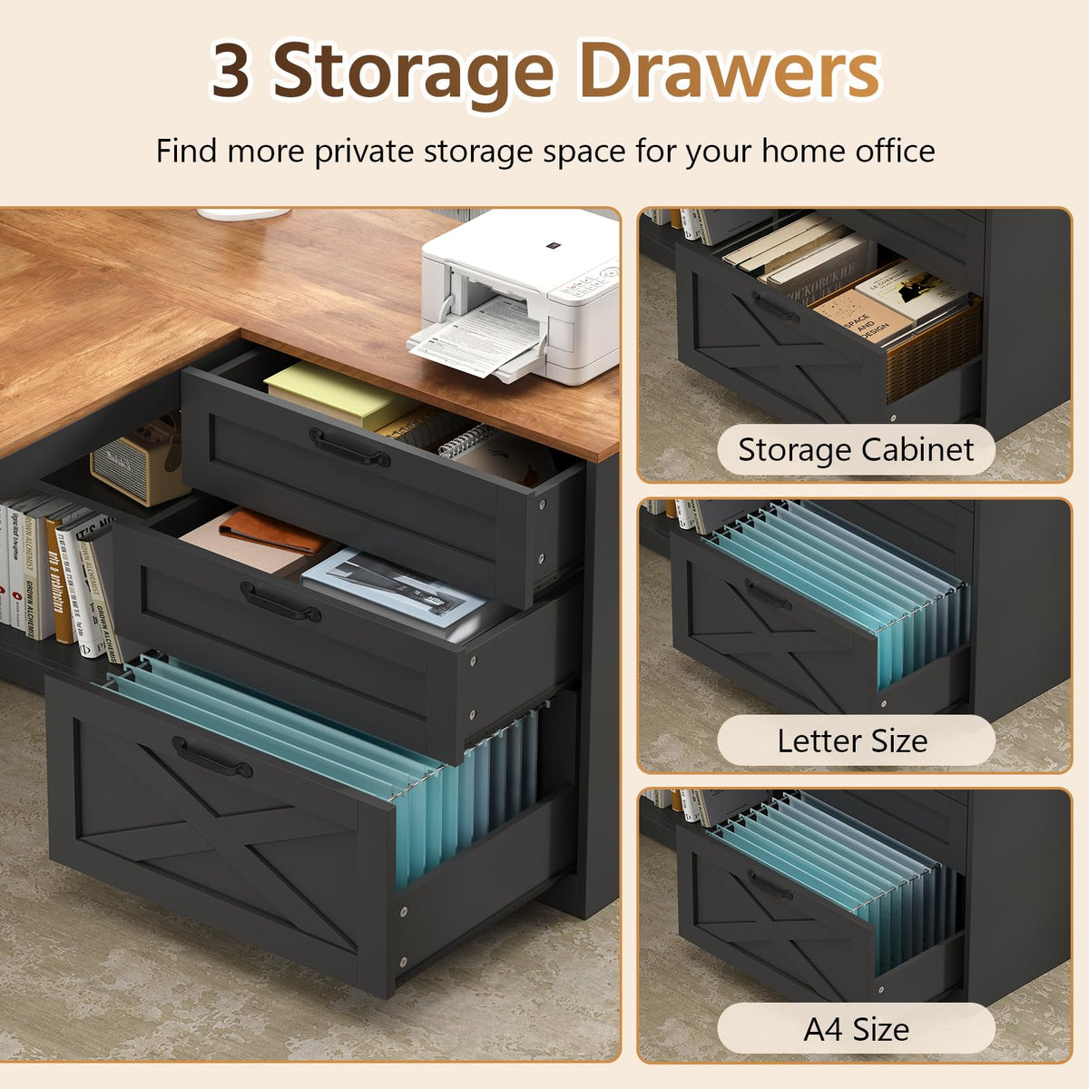 61" Farmhouse L Shaped Desk with Drawers ＆ Storage Shelves for Home Office