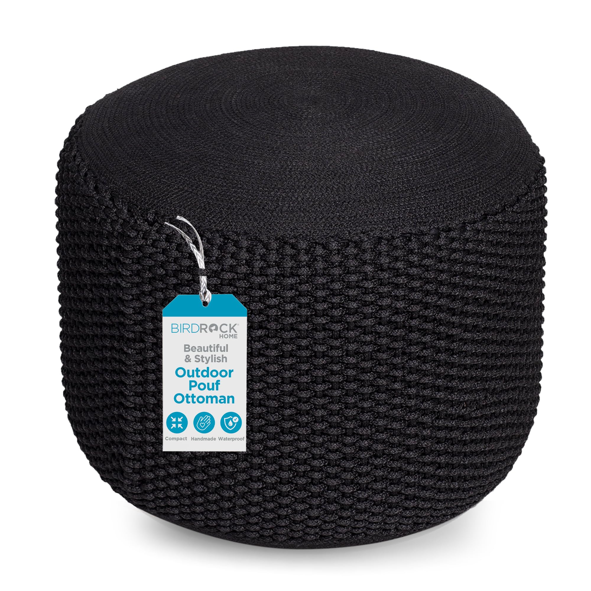 BIRDROCK HOME Outdoor Pouf Ottoman | Hand Woven Waterproof Foot Stool with Bead Bag Filling | Boho Foot Rest for Patio, Living Room, Porch & Outdoor Seating | Lightweight, Soft Stuffed Chair | Black