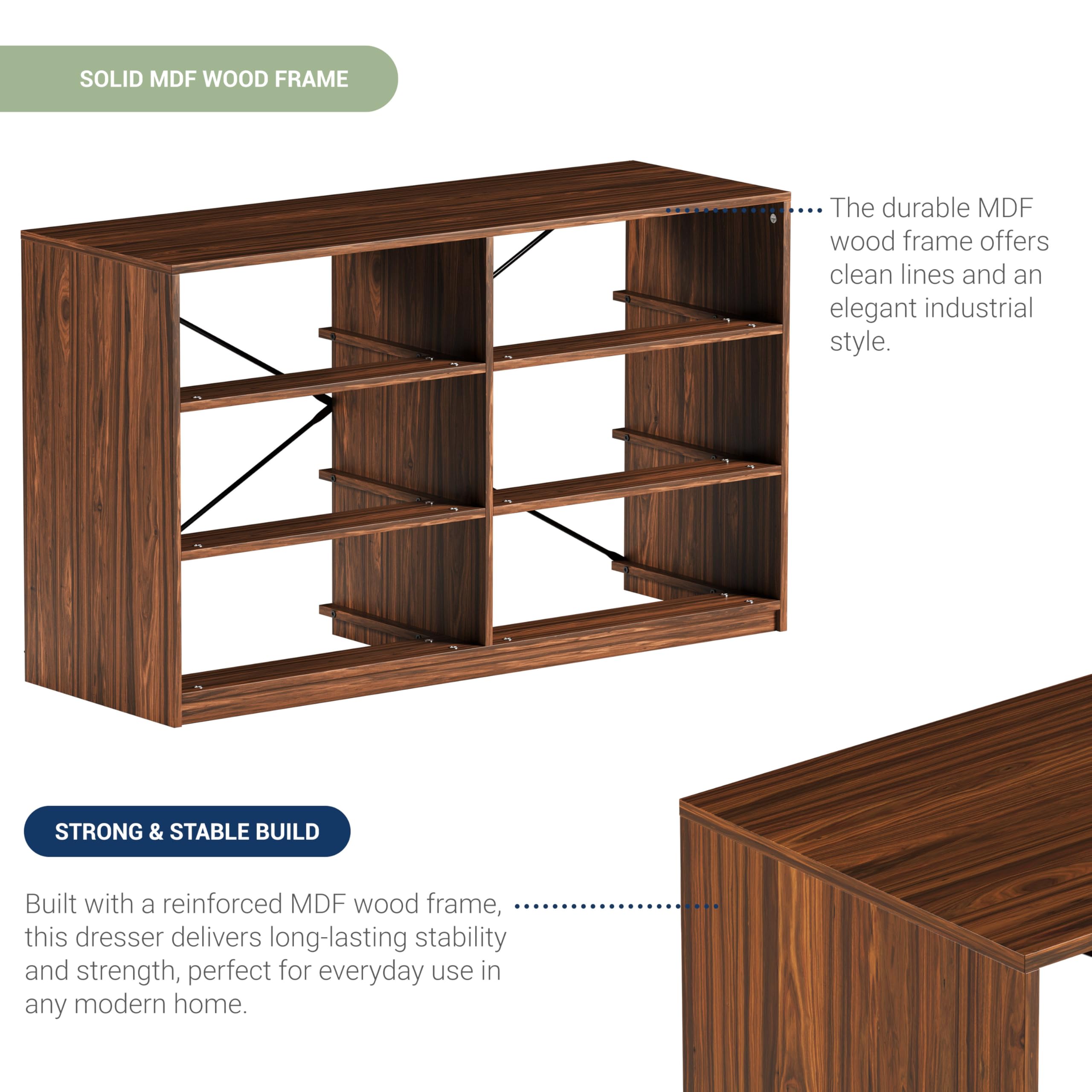Modern 6-Drawer Dresser with Spacious Storage, Sturdy Wood Frame, Large Capacity Fabric Drawers, Dressers for Bedroom, Home Organization Storage for Living Room or Hallway, Walnut