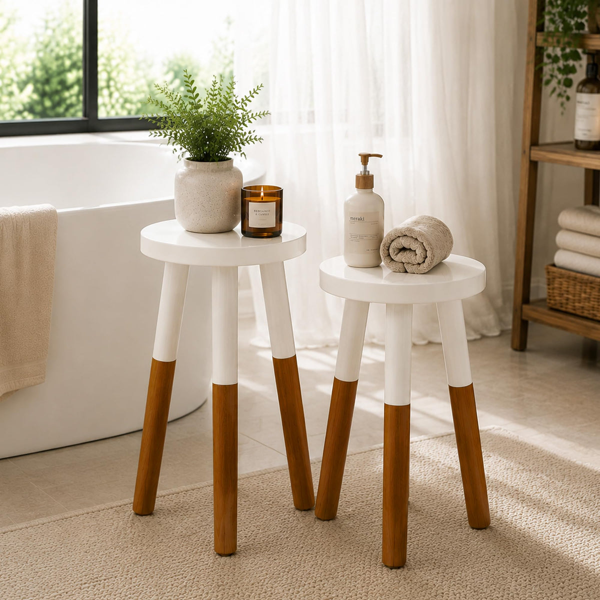 LitaEther Modern Side Table Set of 2, Solid Wood Accent Table,12" D x 12" W x 20" H & 12" D x 12" W x 18" H Small End Table for Living Room Bedroom, Plant Stand, Bathroom Stool, Pedestal Drink Table
