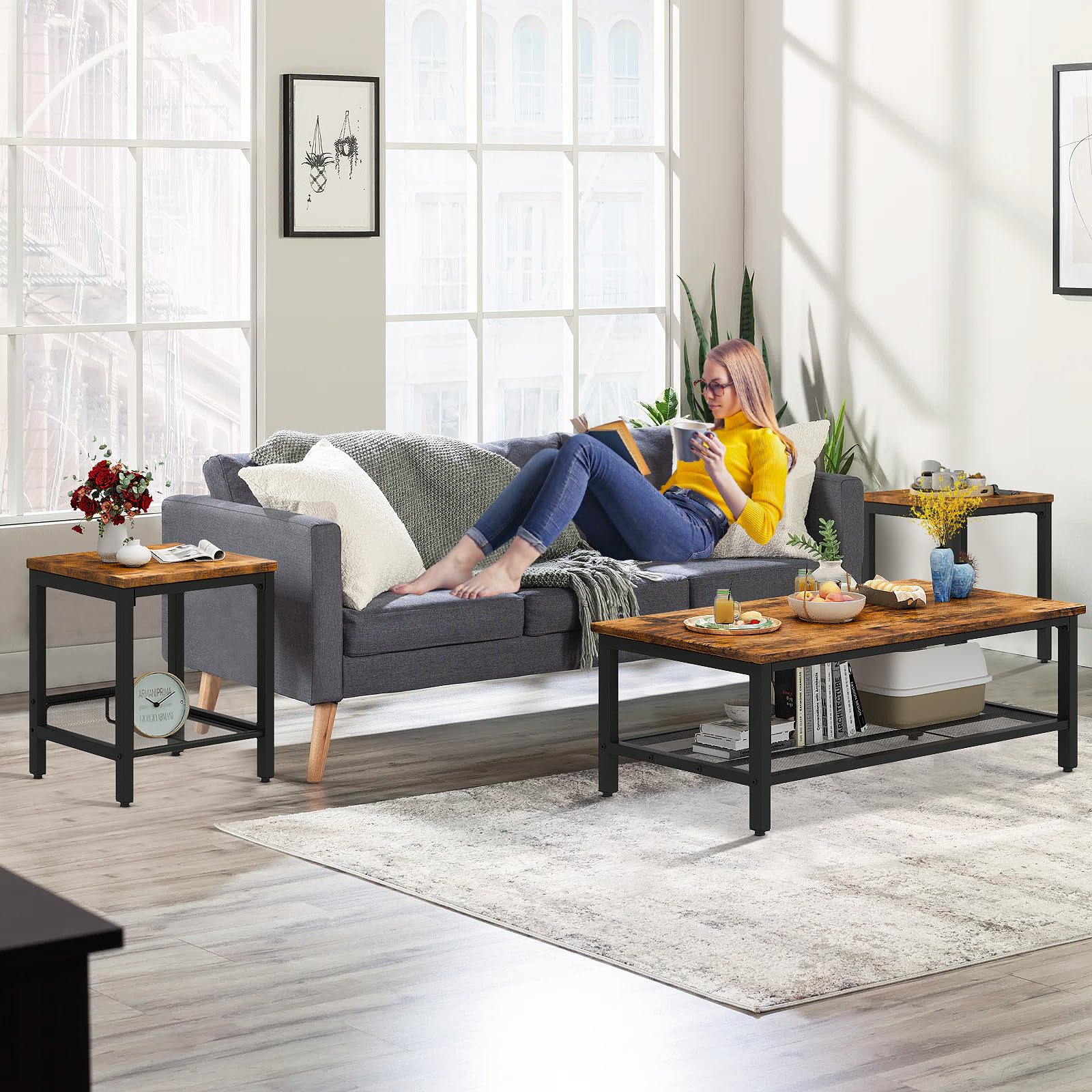 Coffee Table Set of 3, Rustic Brown