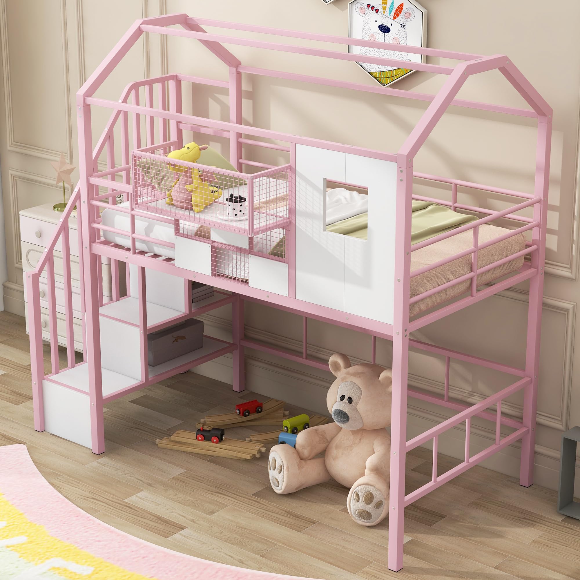Twin Size House Loft Bed with Stairs & Storage