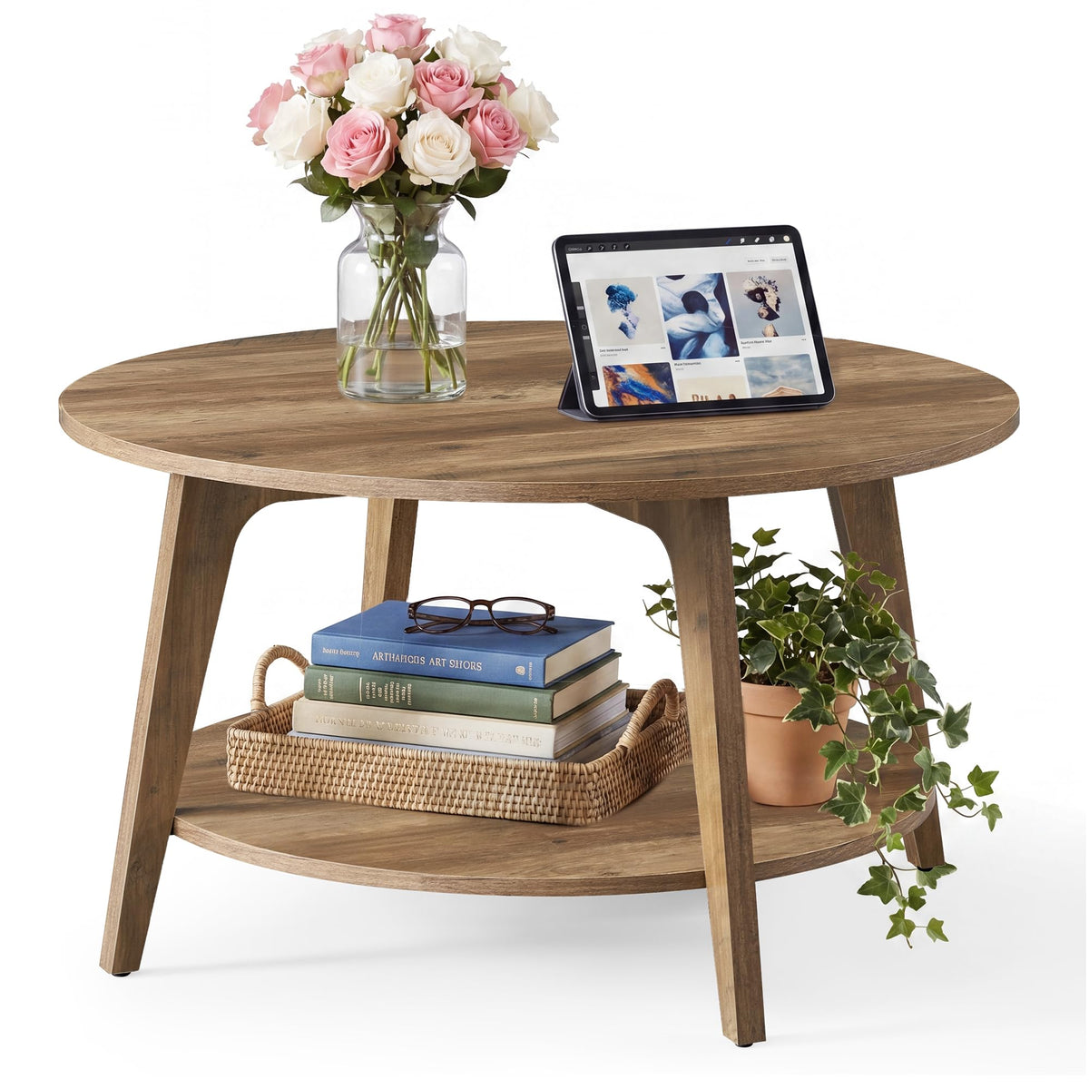 SONGMICS HOME Round Coffee Table, 2 Tier Living Room Center Table, Mid Century Modern Charm, Brown