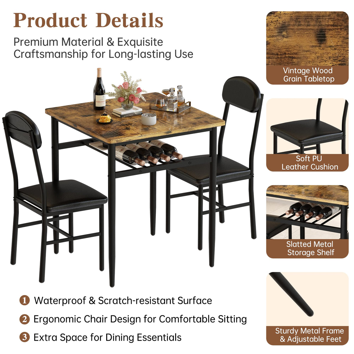 Brown 3-Piece Dining Set