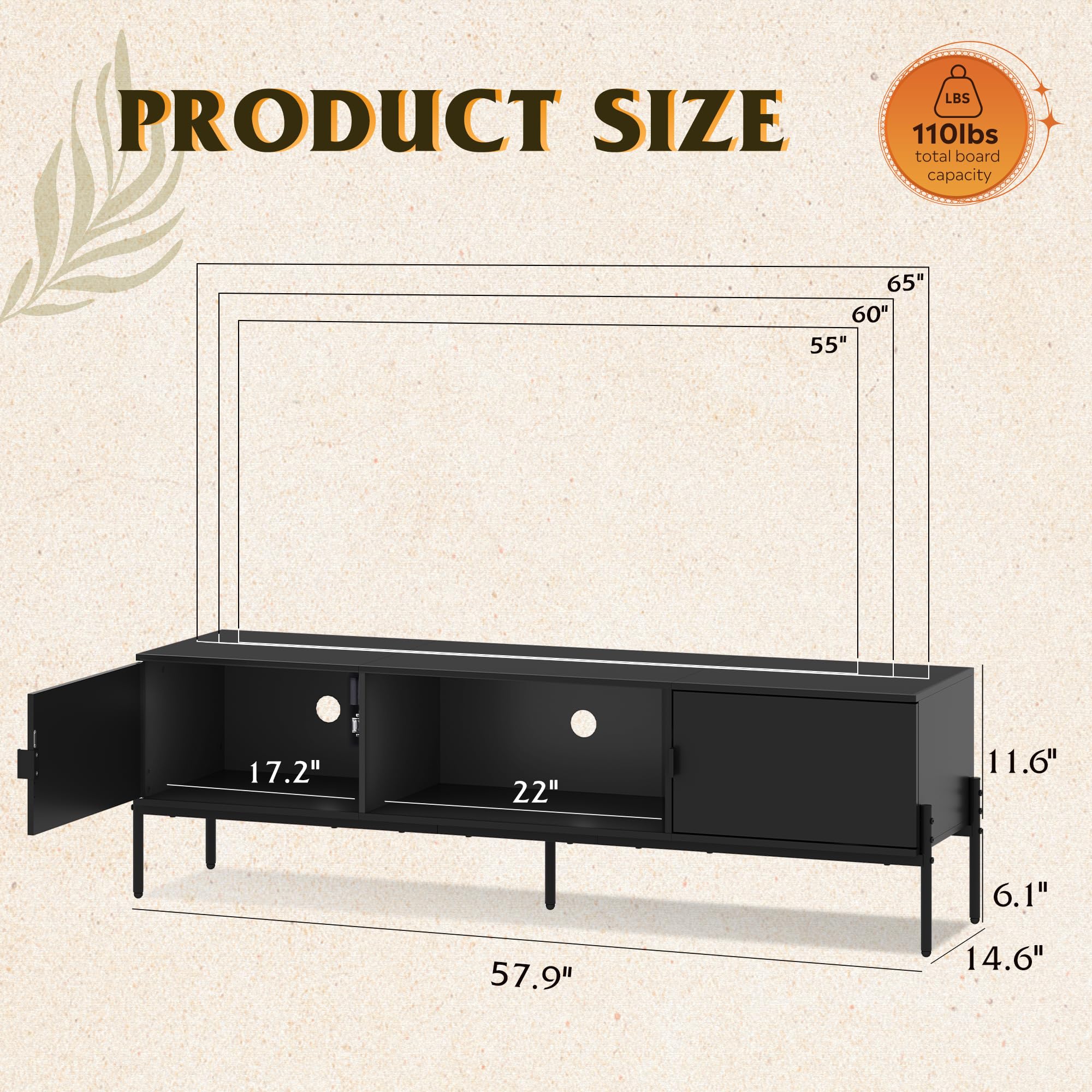 WLIVE 58" TV Stand for 65 Inch TVs, Mid Century Modern Entertainment Center with 2 Storage Cabinets & Open Shelf, Media Console Table with Metal Legs for Living Room, Bedroom, Black