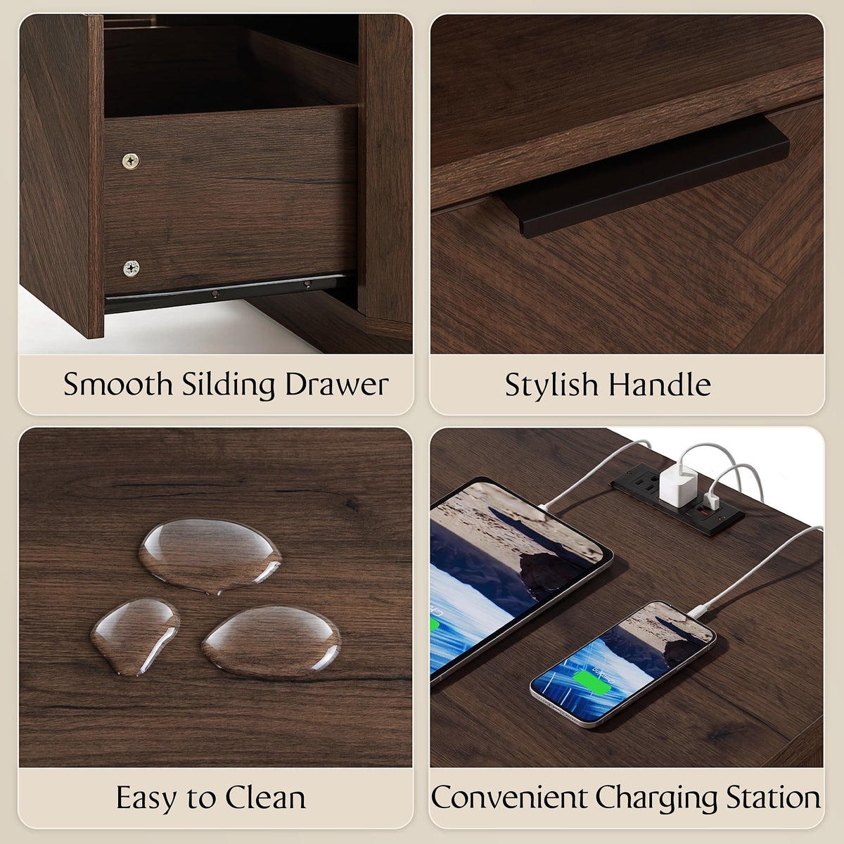 AKESONG 21.7" Nightstands with Charging Station, Herringbone Design, Walnut