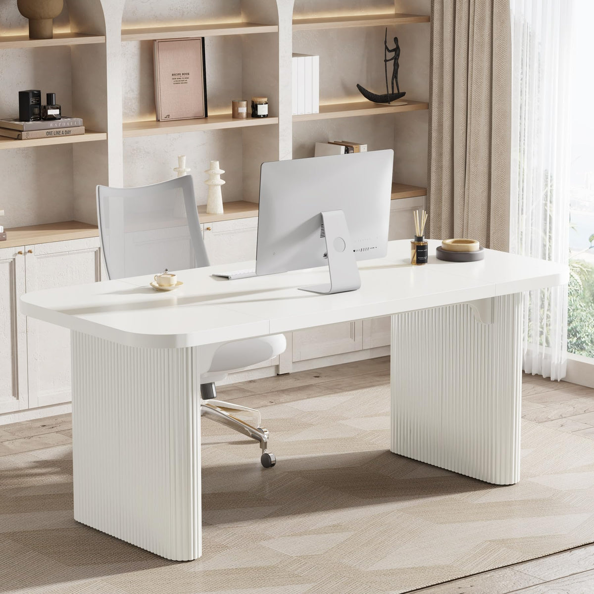 Tribesigns 5 ft Conference Table, Modern Rectangular Meeting Seminar Table with Double Pedestal, 62-Inch Large Boardroom Table for Office (White)
