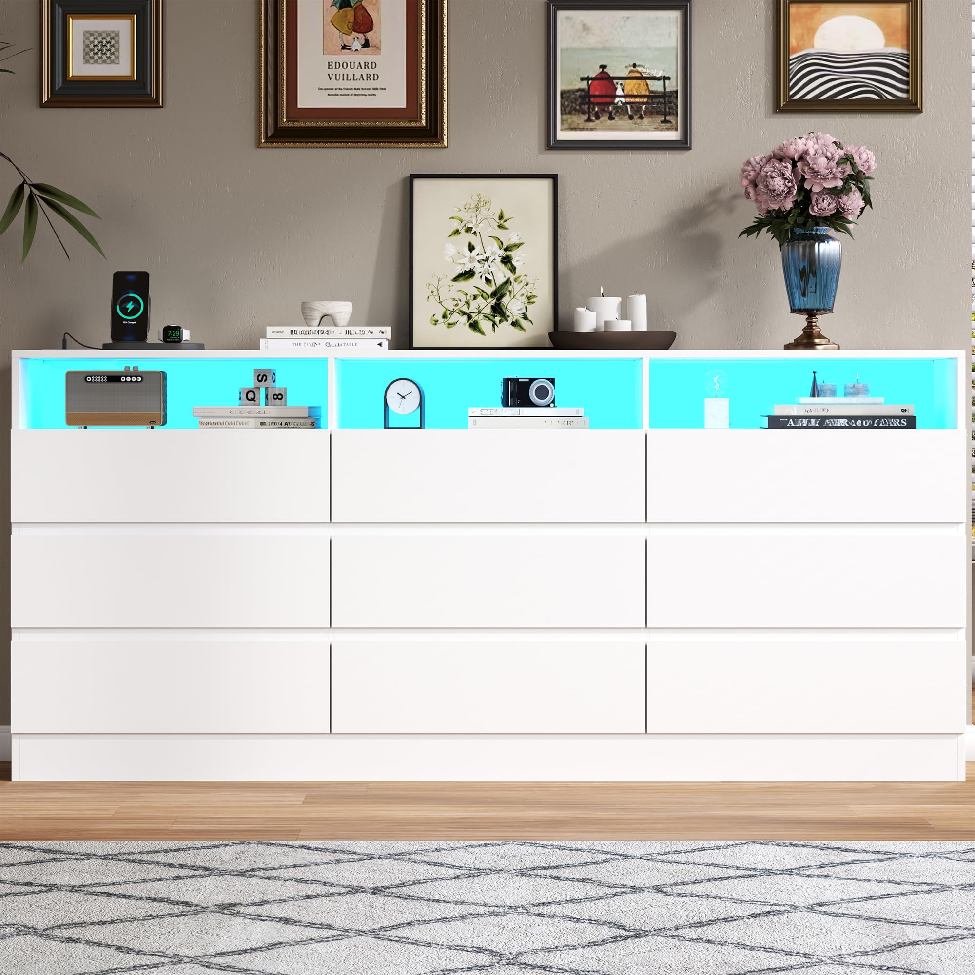 9 Drawer Dresser with Power Outlet, Modern Chest of Drawers with LED Ligh, Wood Dressers TV Stand, Double Wide Dressers Organizer for Closet, Storage Organizer Drawers for Bedroom, Living Room (White)