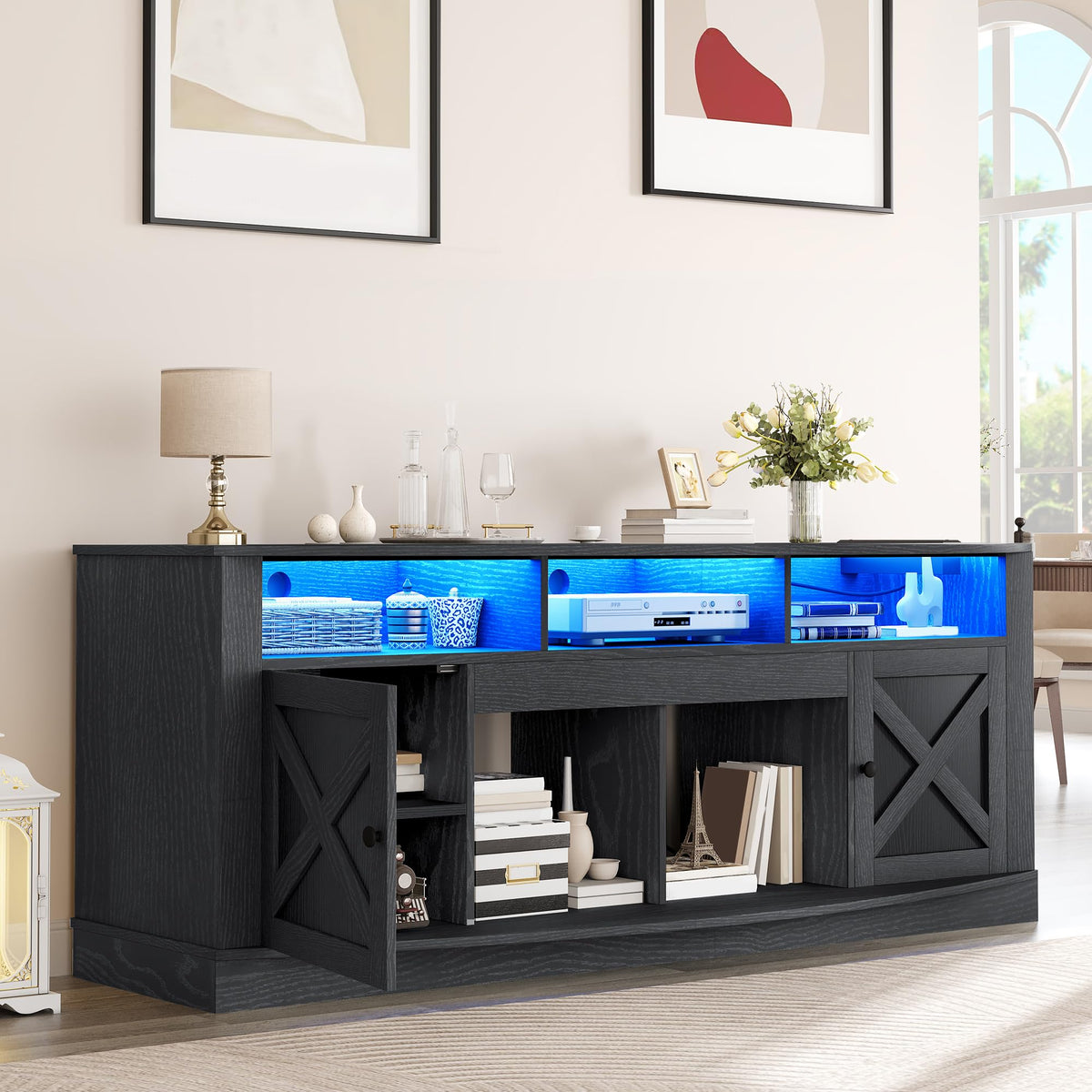 Black Farmhouse LED TV Stand