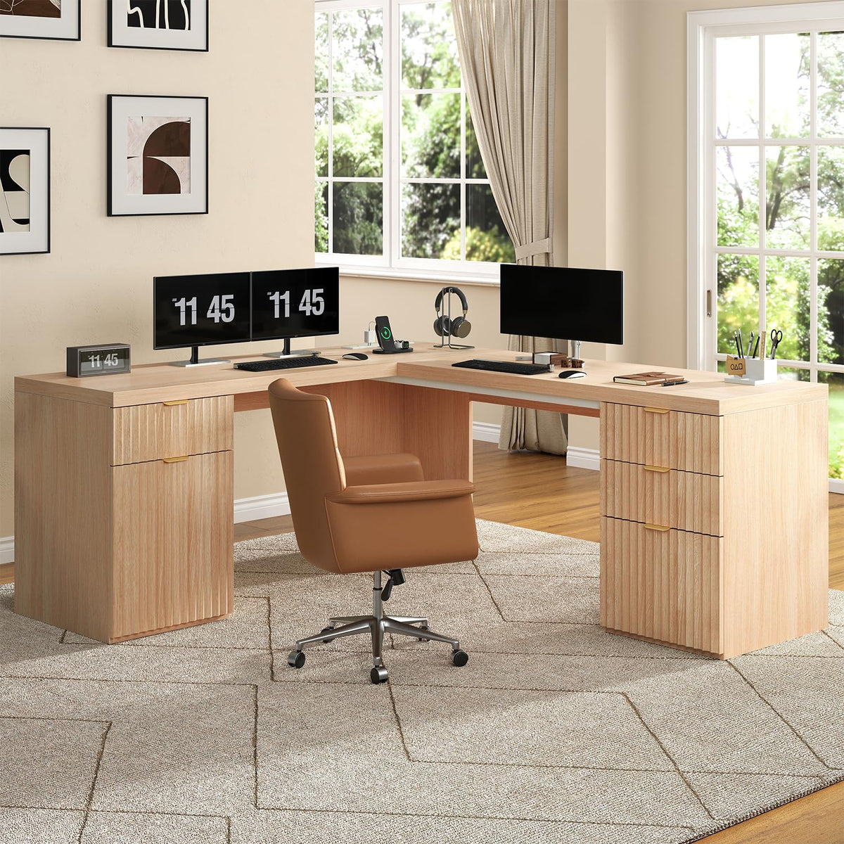 Natural Oak Fluted L-Shaped Desk