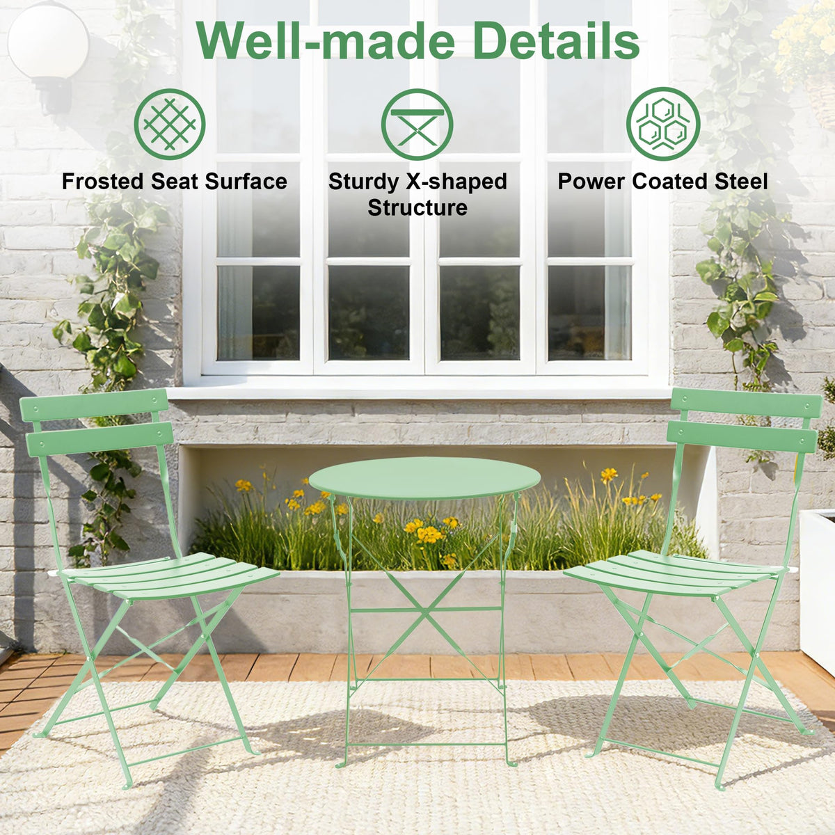 Decksplore 3-Piece Patio Bistro Set, Folding Outdoor Bistro Table and Chairs with Sturdy Steel Frame, No Assembly Required, Small Patio Furniture for Balcony Garden Porch, Bean Green