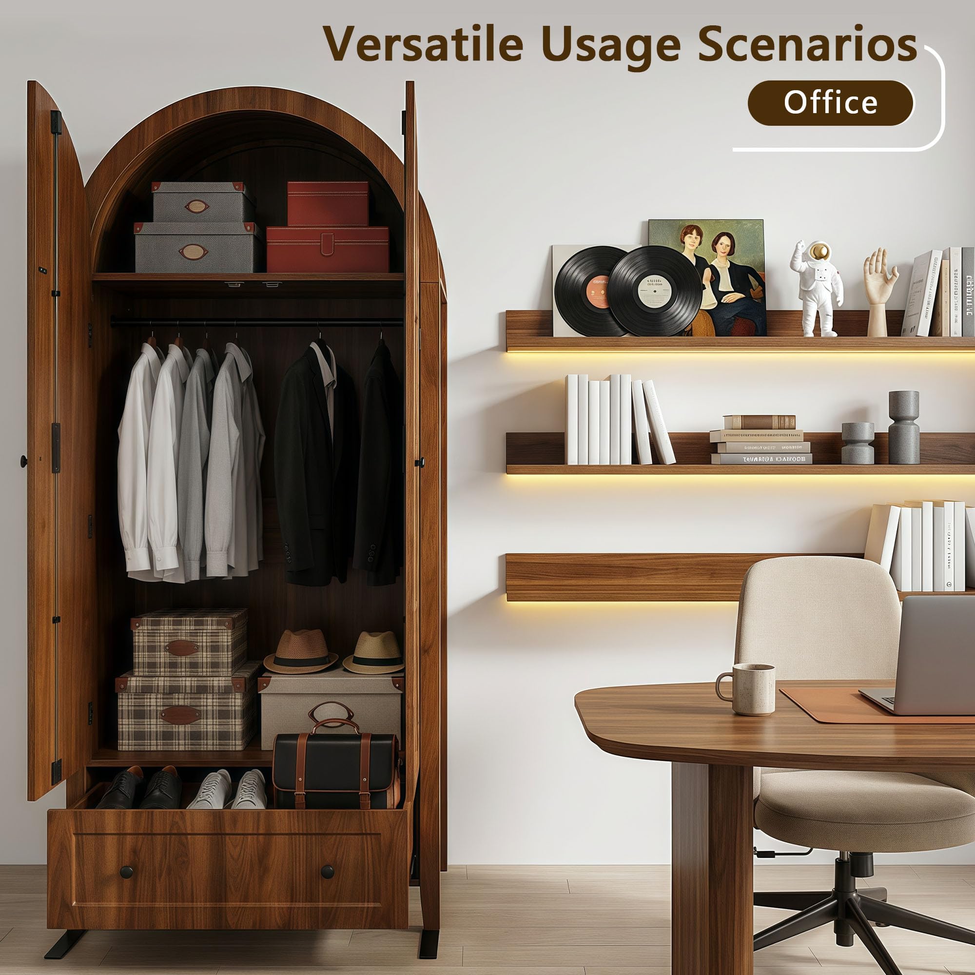 Freestanding Armoire Wardrobe with Arched Doors & Drawer
