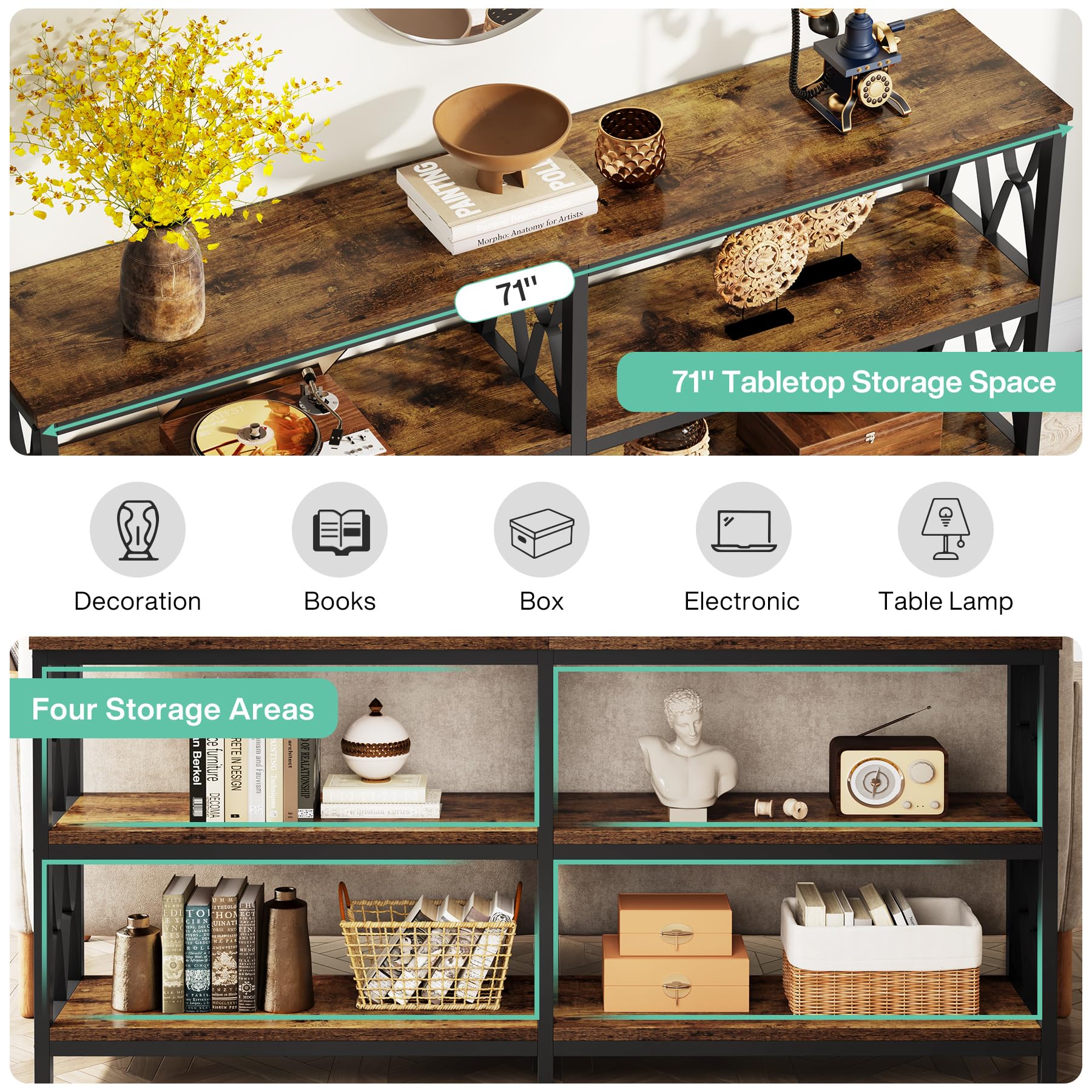 LITTLE TREE Console Table with Storage Shelves, 70.9" Industrial 3-Tier Sofa Table for Living Room, Long Foyer Table Entryway Table for Hallway, Front Door, Entrance, Rustic Brown & Black