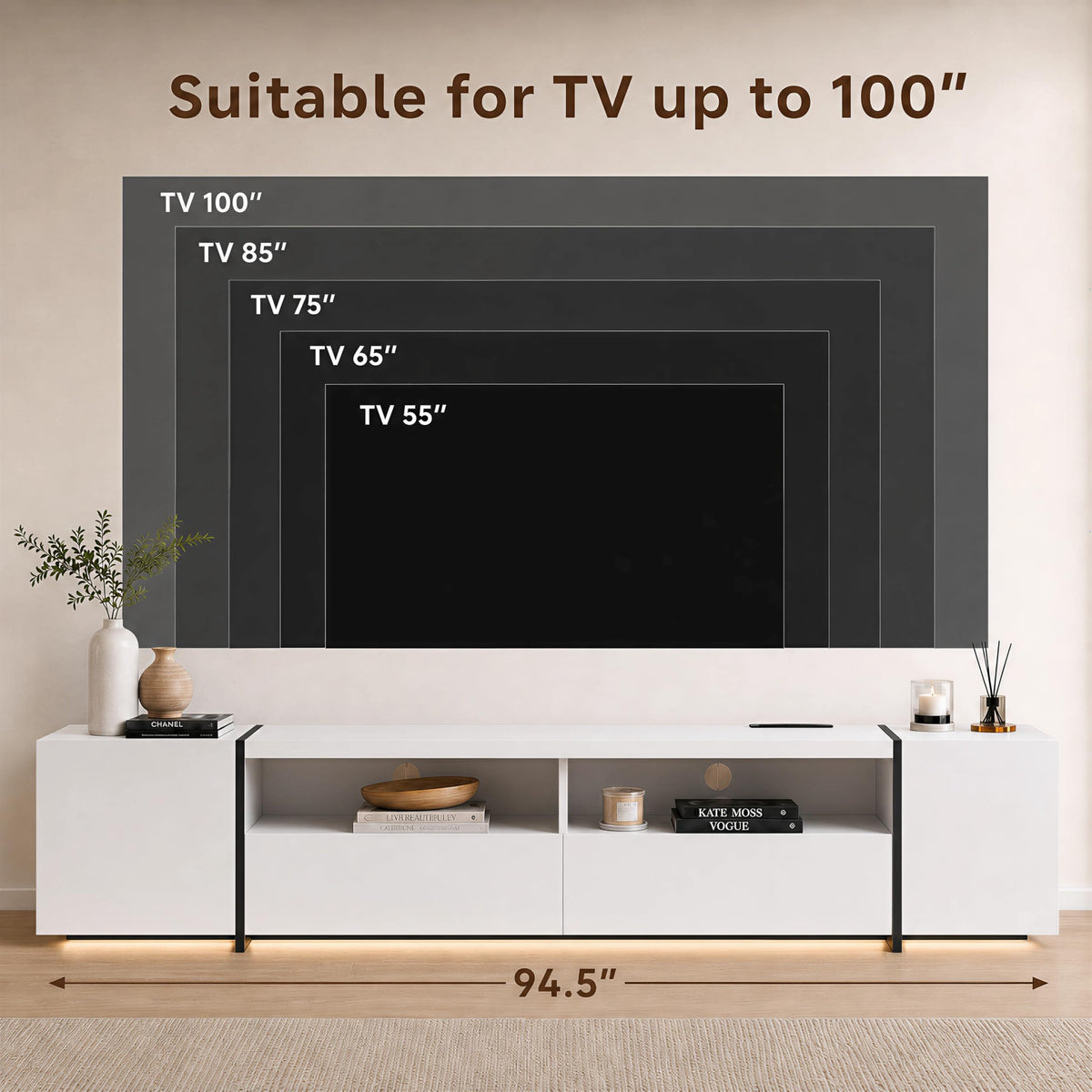 Nordee Axio Modern 94.5'' TV Stand for TVs up to 100in, Classic White