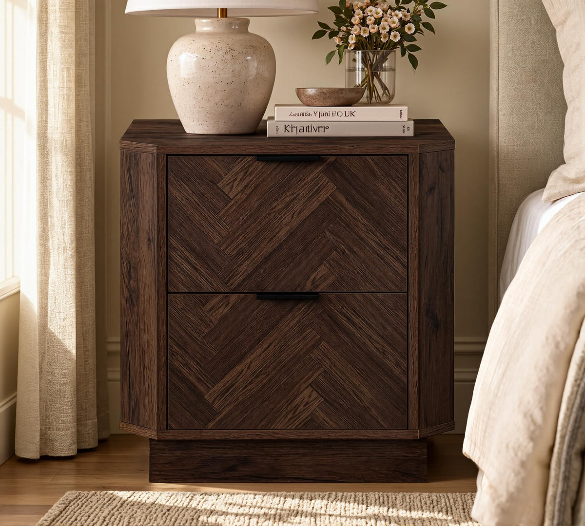 AKESONG 21.7" Nightstands with Charging Station, Herringbone Design, Walnut