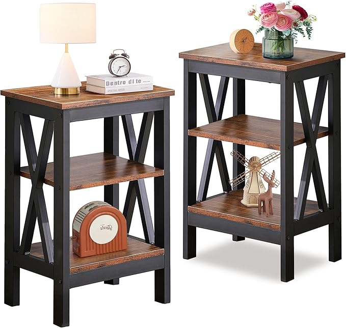 Nightstand End Table Set of 2 with Storage Shelf, X-Design