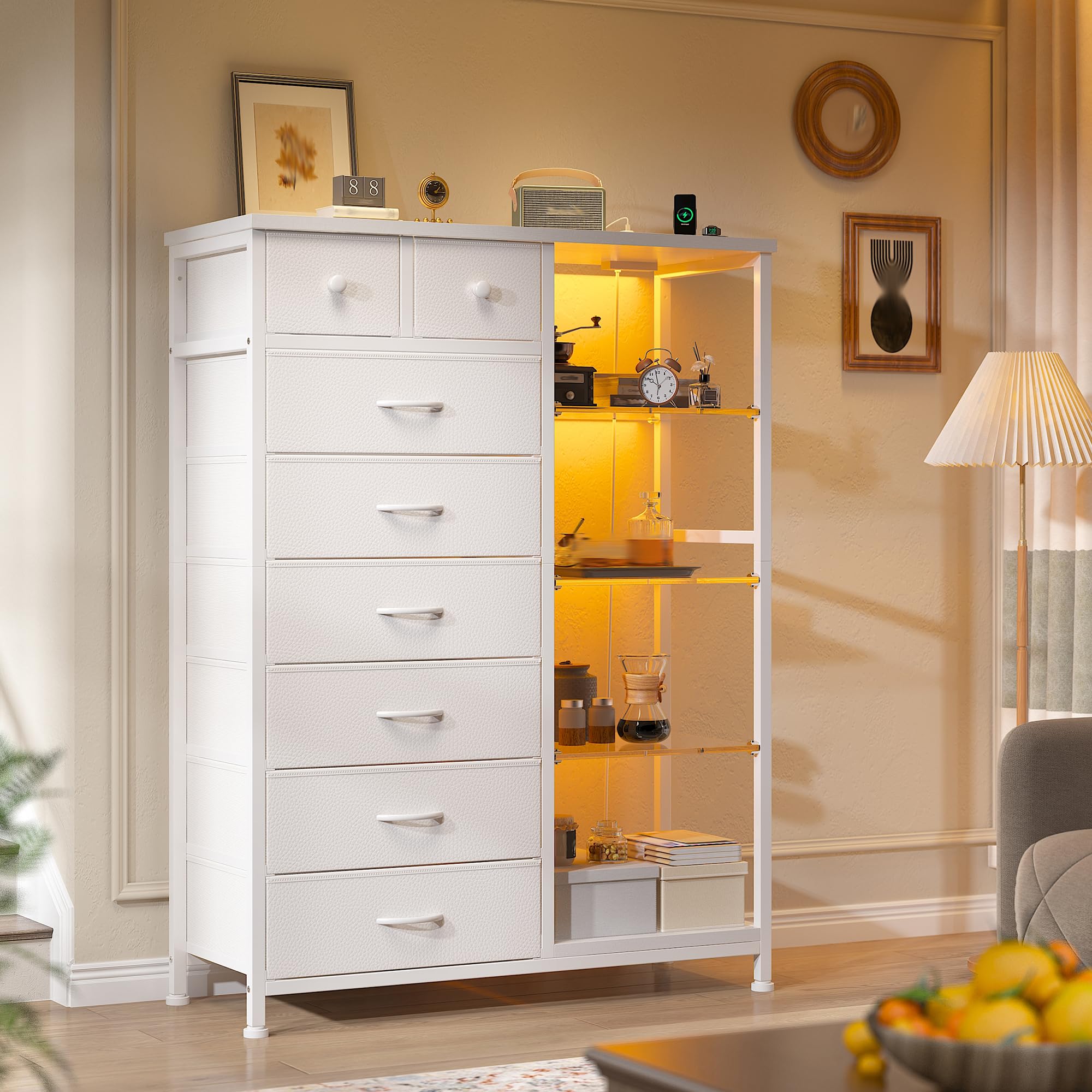 EnHomee 54" H Dresser for Bedroom with LED Lights & Power Outlets Dresser with 8 Drawers Fabric Dressers & Chests of Drawers, Shelves for Bedroom, Sturdy Metal Frame, Acrylic Plates (White)
