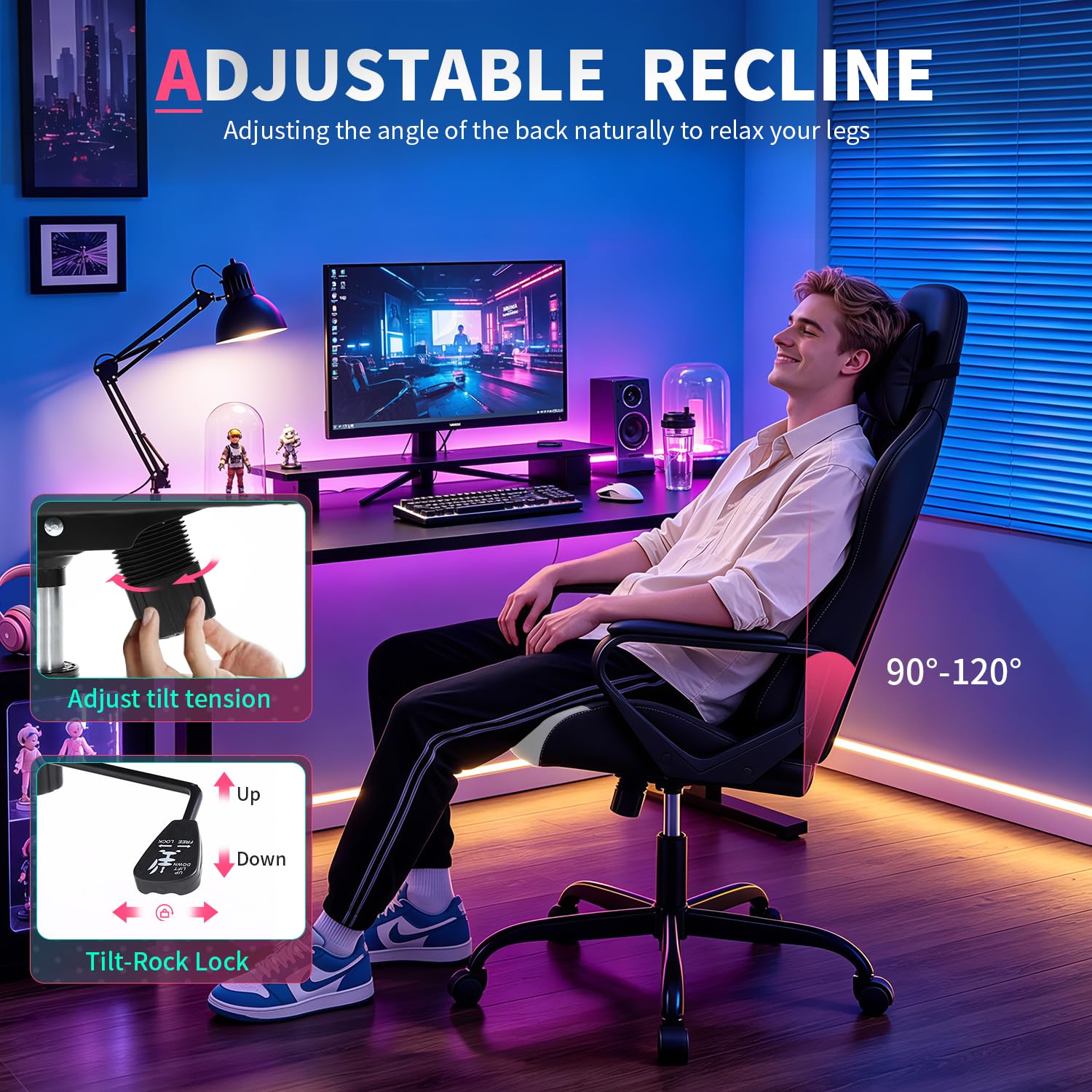 FDW Gaming Chair PU Leather Computer Chair Executive Headrest Lumbar Support Ergonomic Racing Desk Chair with Armrests 360° Swivel & Caster Five Star Metal Base for Office or Gaming